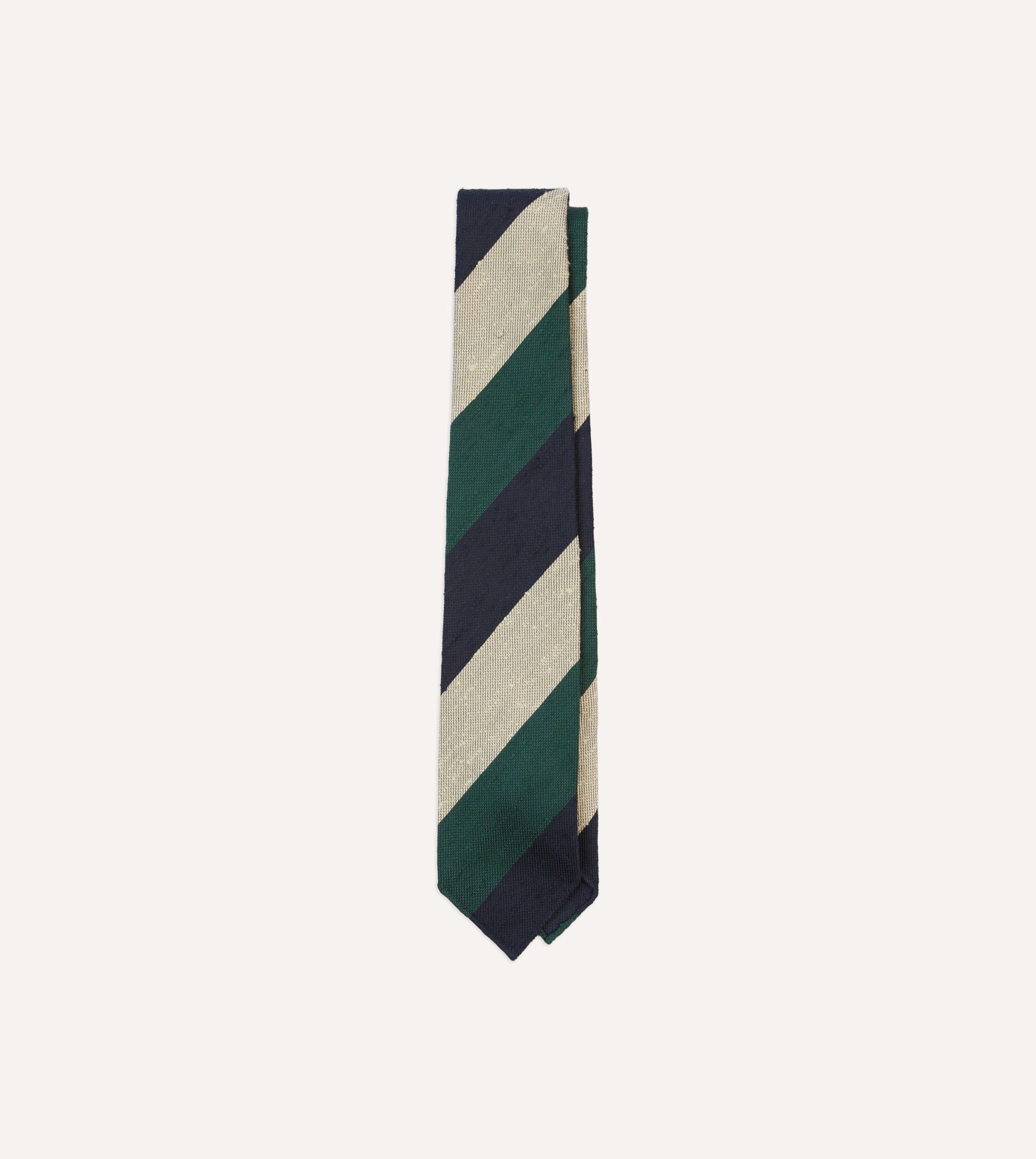 Navy. Green and Ecru Block Stripe Shantung Silk Tie