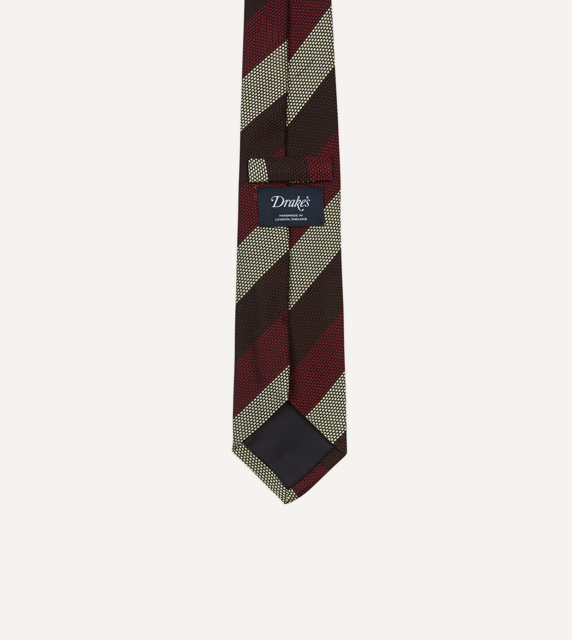 Brown. Red and Ecru Block Stripe Hand Rolled Silk Grenadine Tie - Image 4