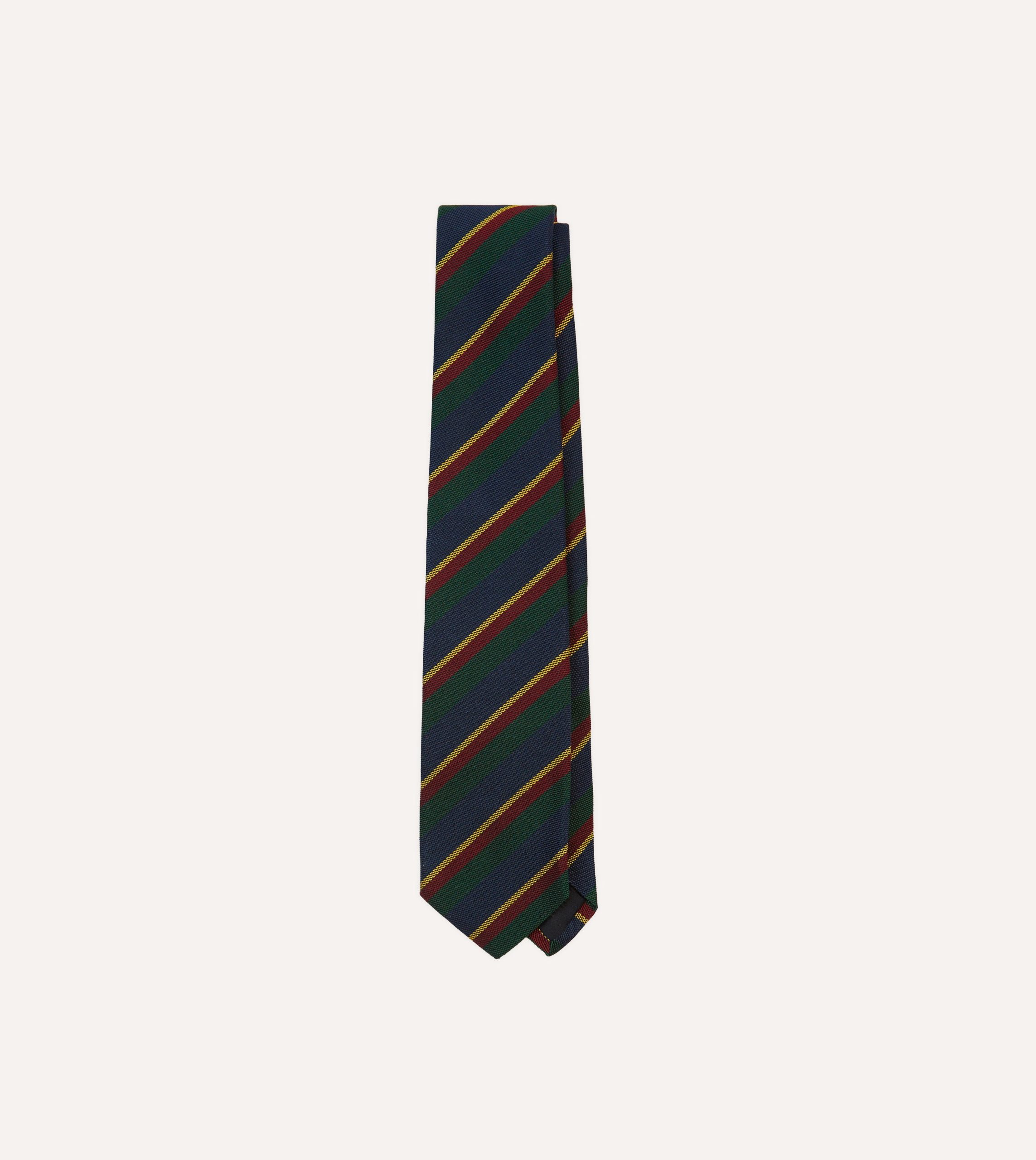 Navy. Green and Yellow Stripe Hand Rolled Silk Grenadine Tie