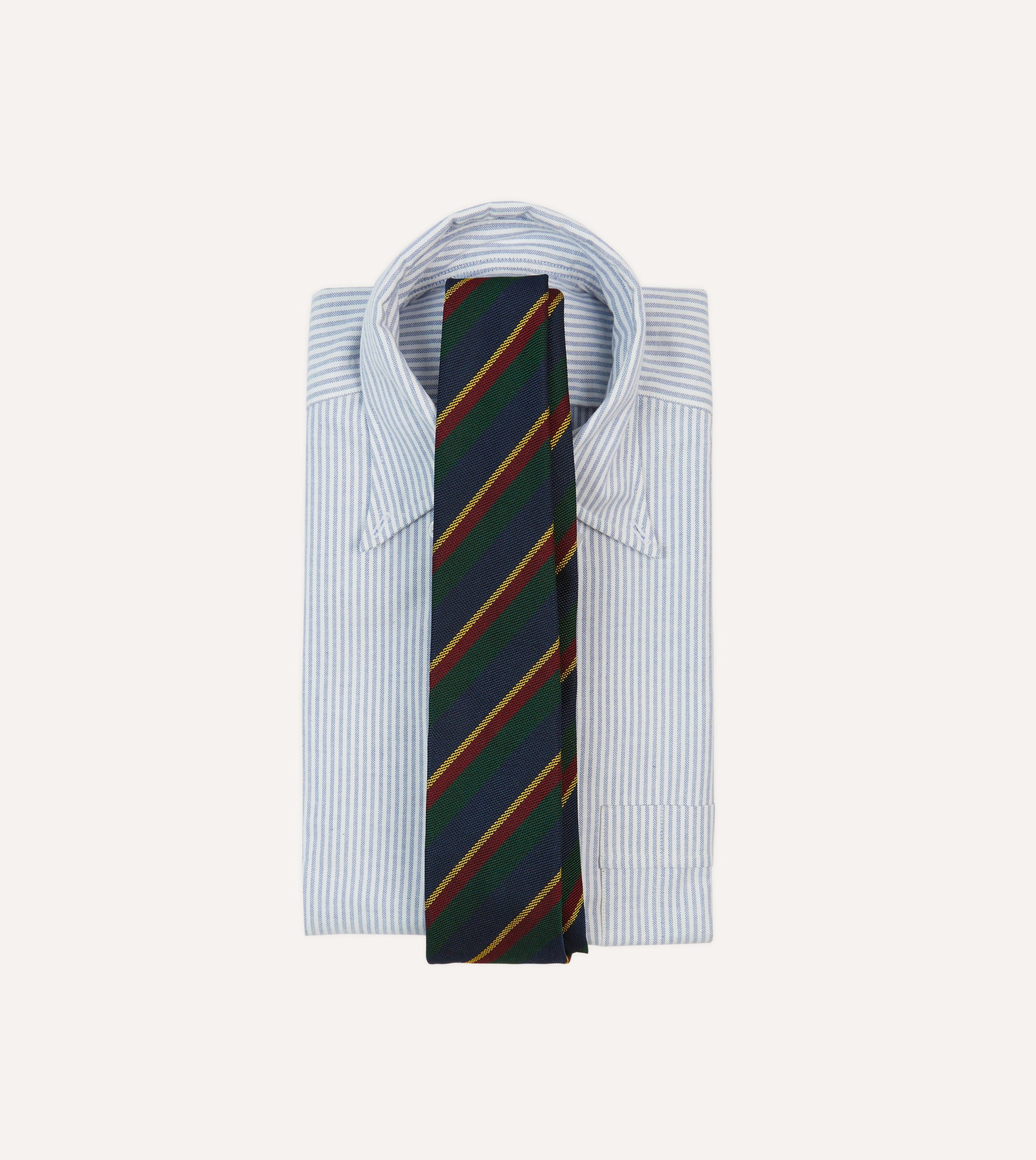 Navy. Green and Yellow Stripe Hand Rolled Silk Grenadine Tie - Image 2