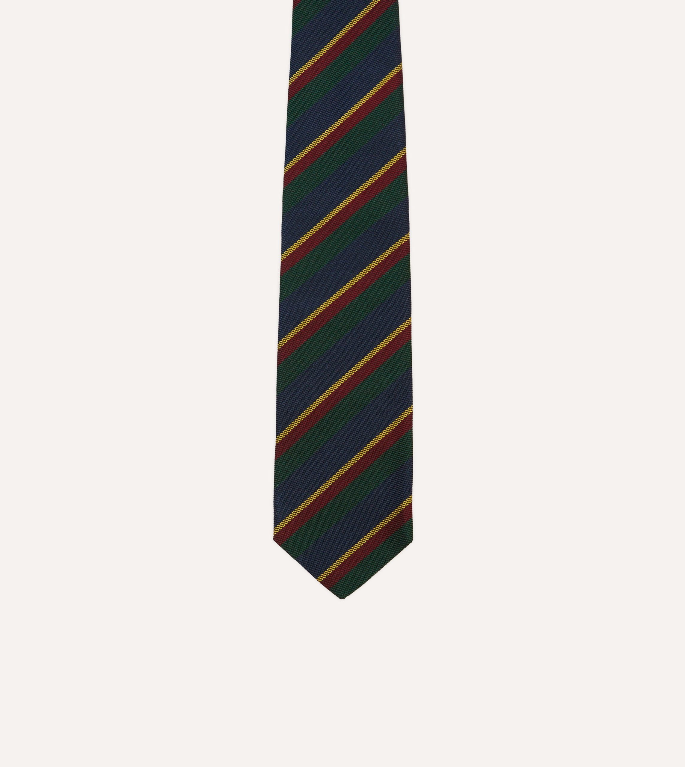 Navy. Green and Yellow Stripe Hand Rolled Silk Grenadine Tie - Image 3