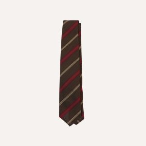 Brown. Red and Ecru Stripe Hand Rolled Silk Grenadine Tie