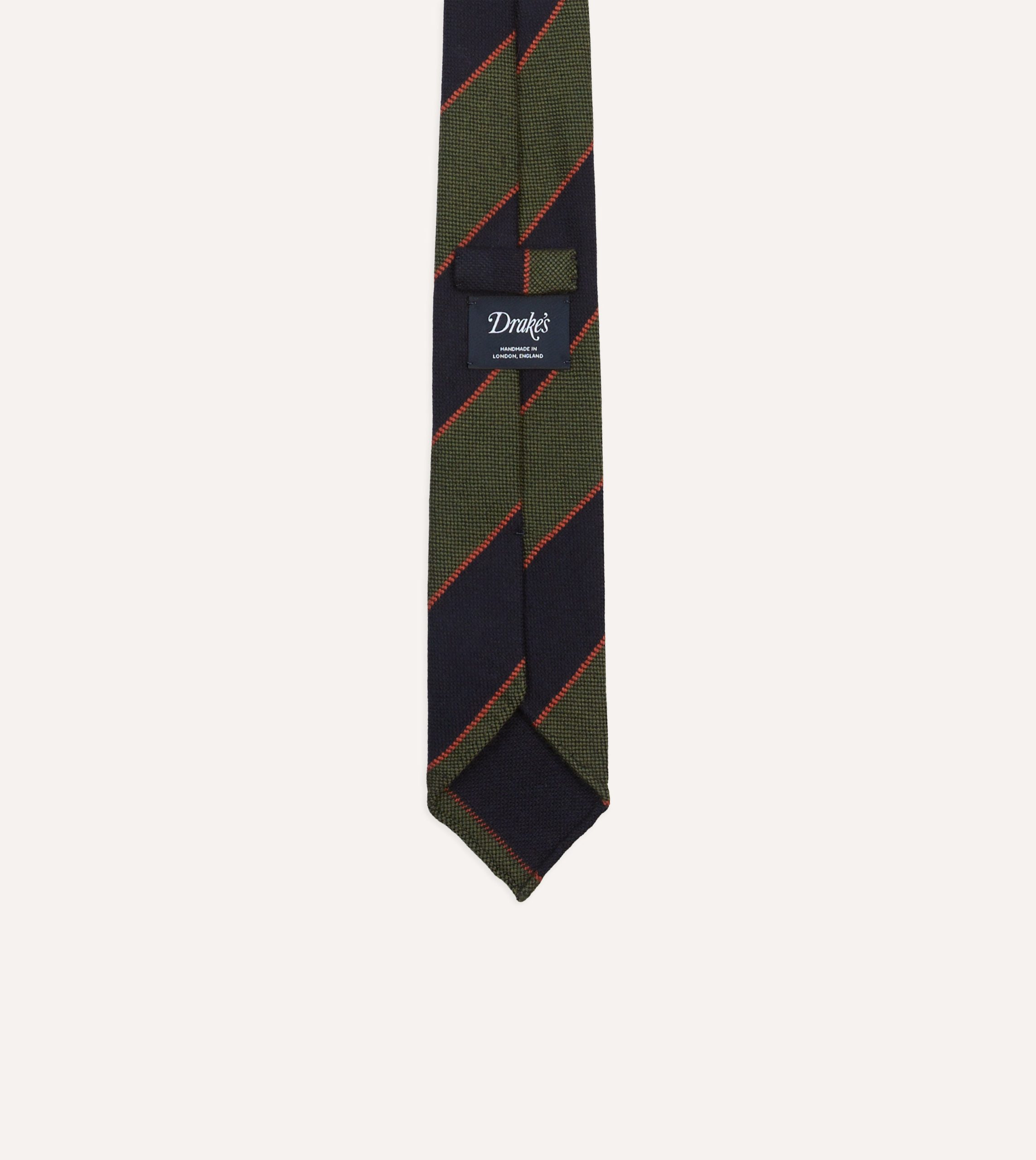 Green. Red and Navy Line Stripe Hand Rolled Wool Tie - Image 4