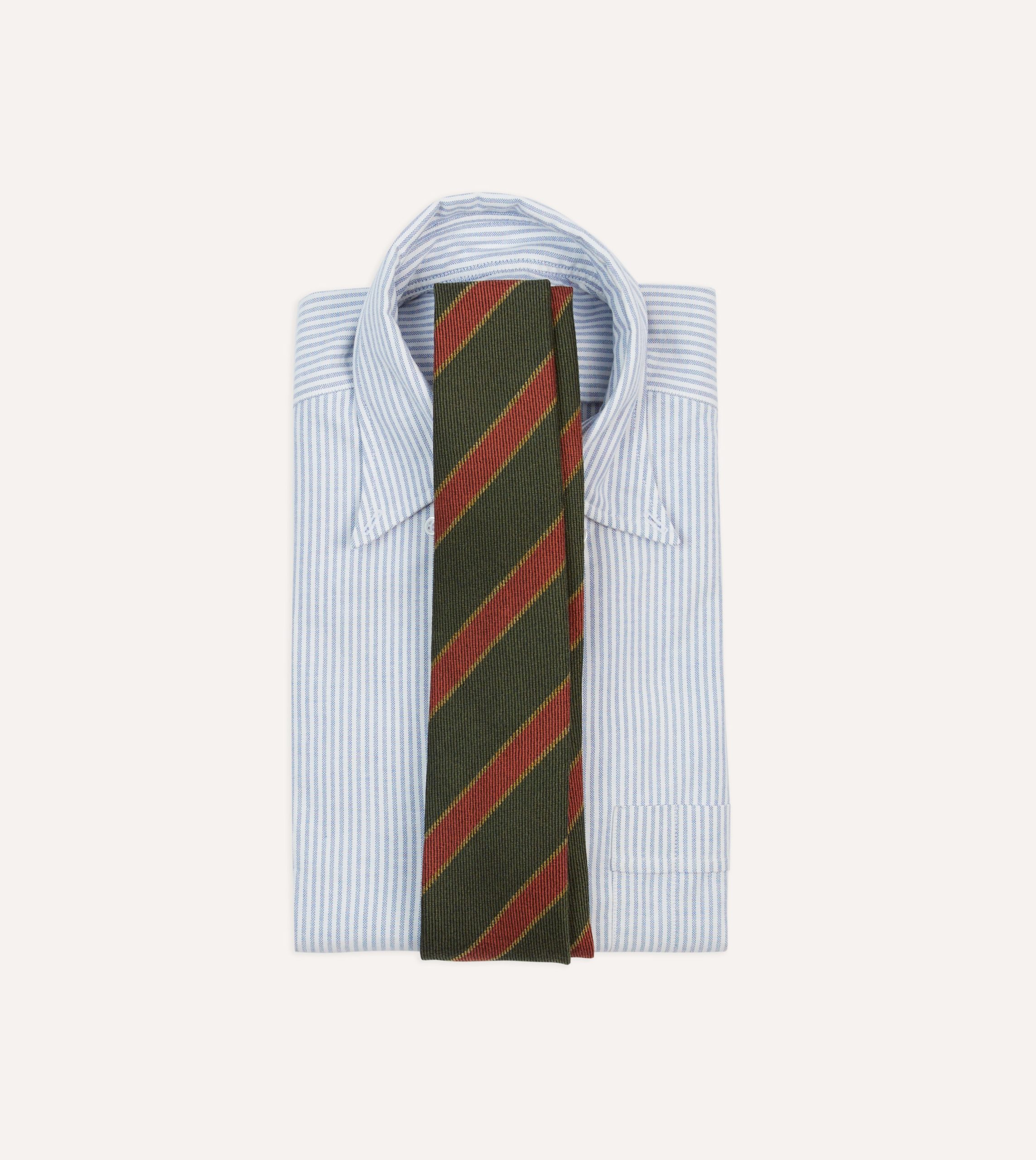 Green. Yellow and Red Thick Stripe Hand Rolled Wool Tie - Image 2