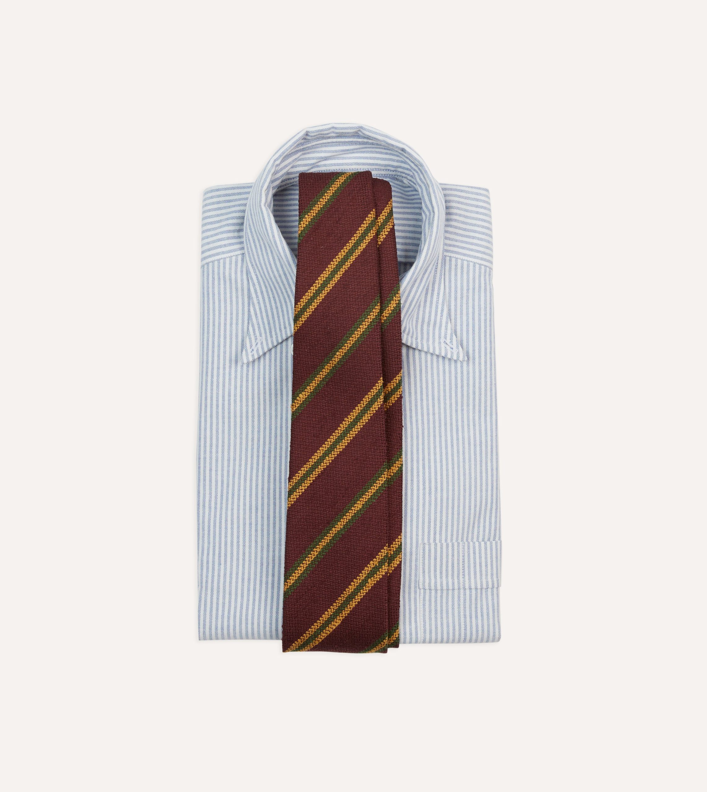 Red. Gold and Green Sandwich Stripe Shantung Silk Tie - Image 3