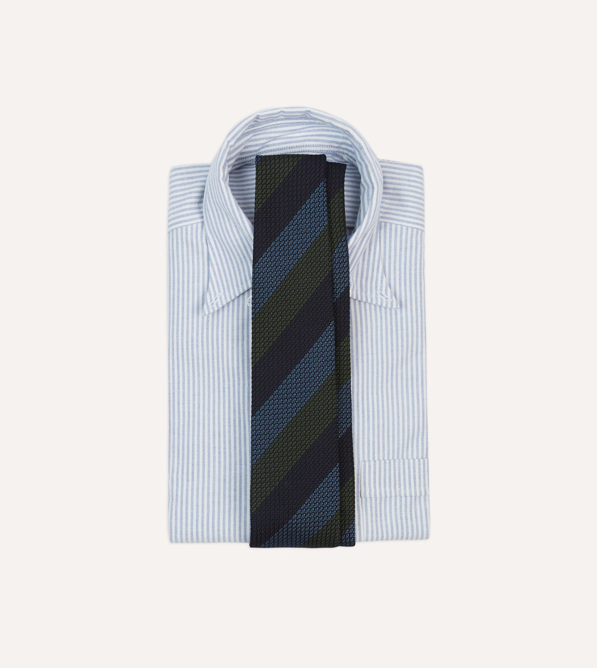 Navy. Green and Blue Block Stripe Hand Rolled Silk Grenadine Tie - Image 2