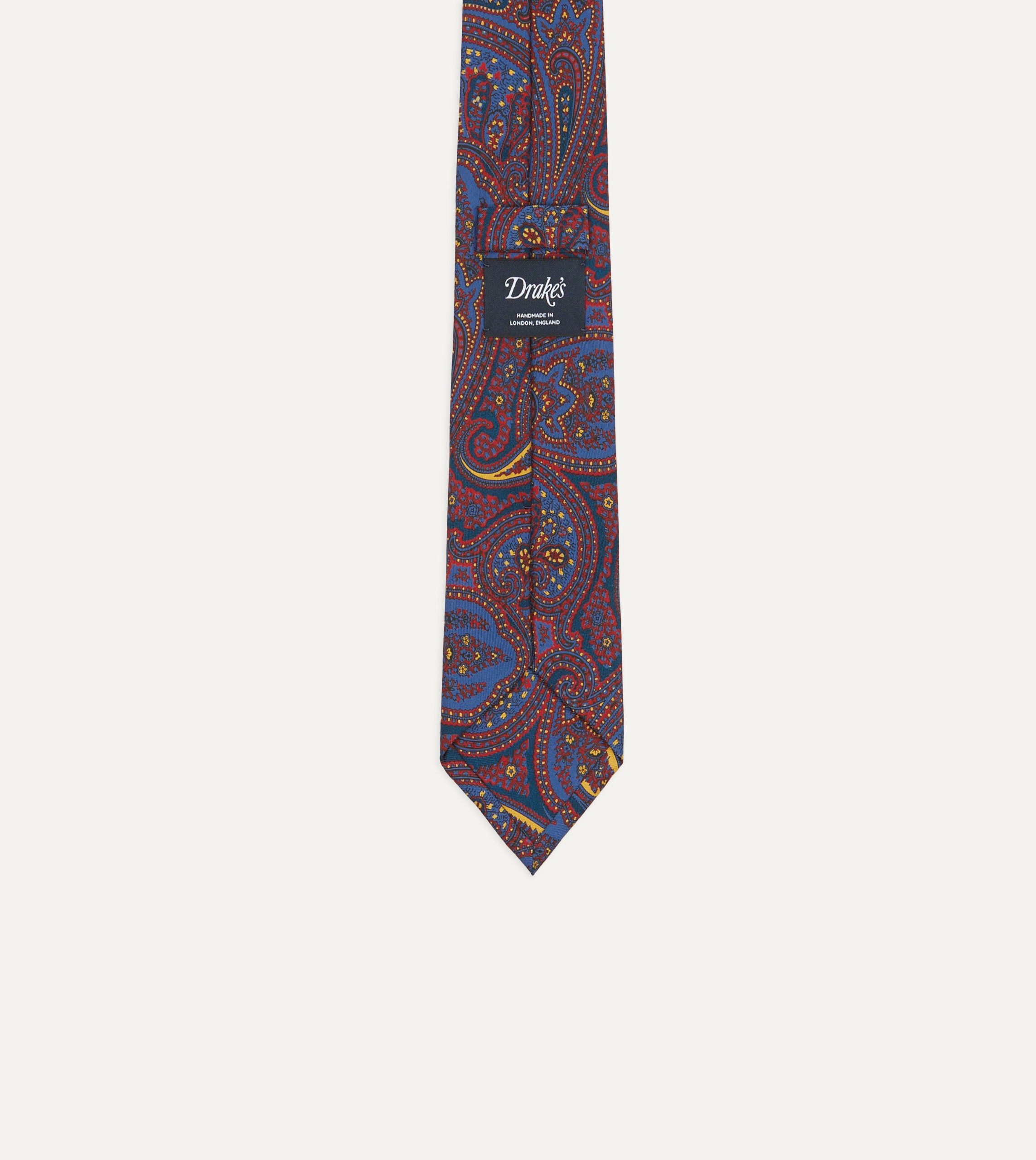 Red and Blue Large Paisley Print Madder Silk Self Tipped Tie - Image 3