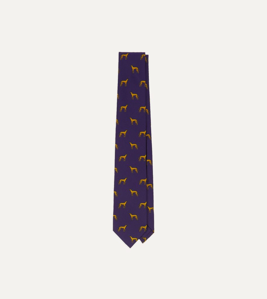 Navy and Yellow Dog Print Silk Tie
