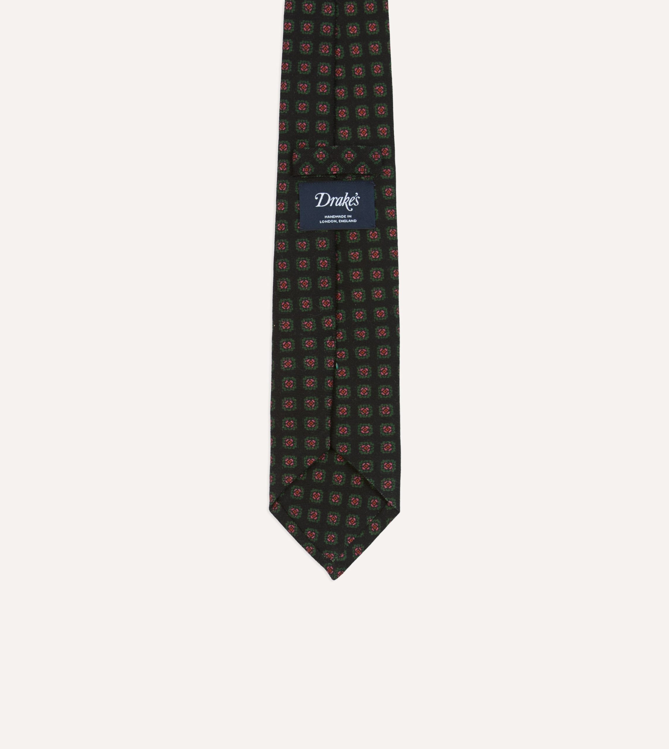 Black Green. and Red Diamond Print Check Self-Tipped Wool Tie - Image 4