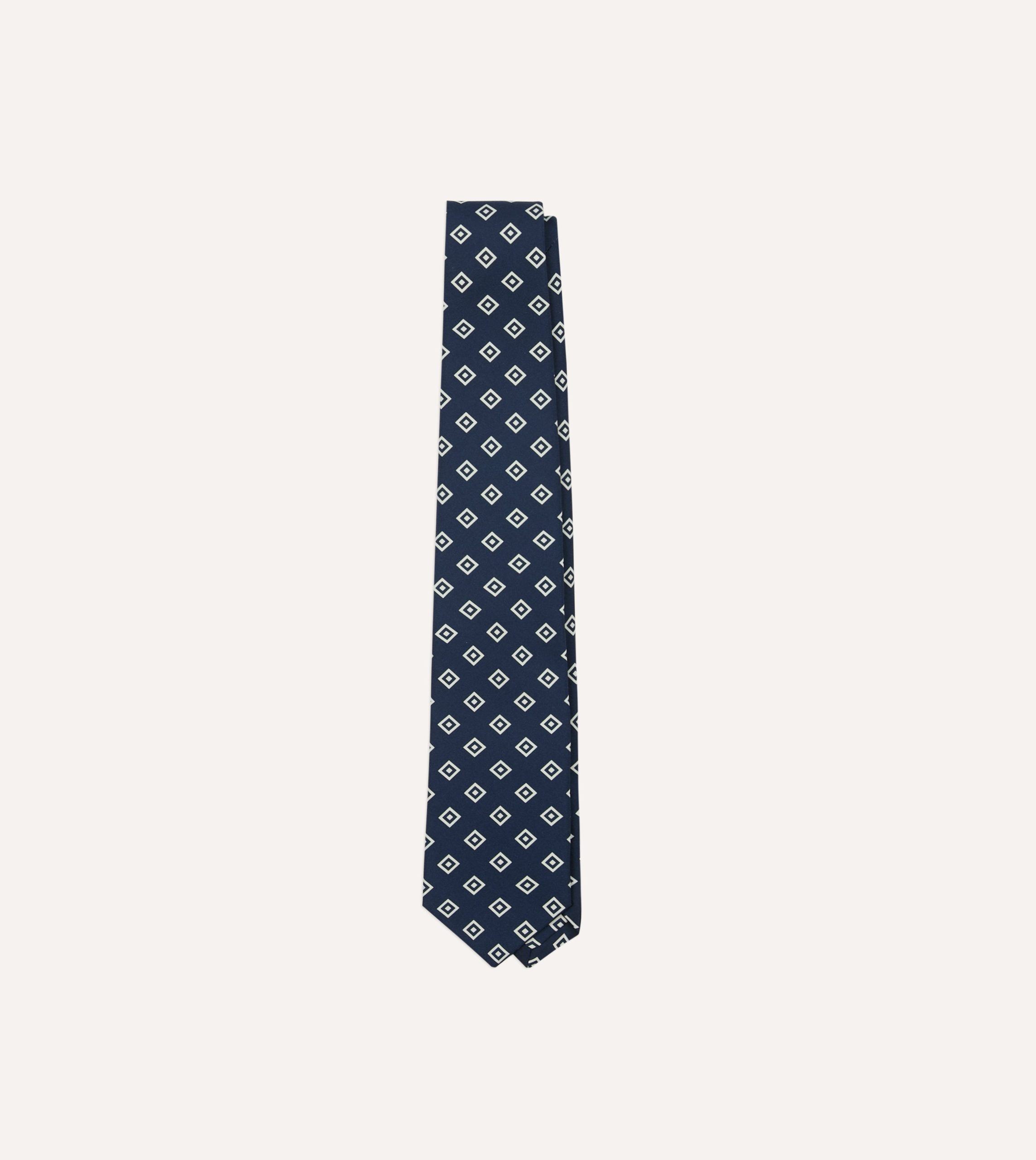 Navy Medallion Crepe de Chine Silk Self-Tipped Tie