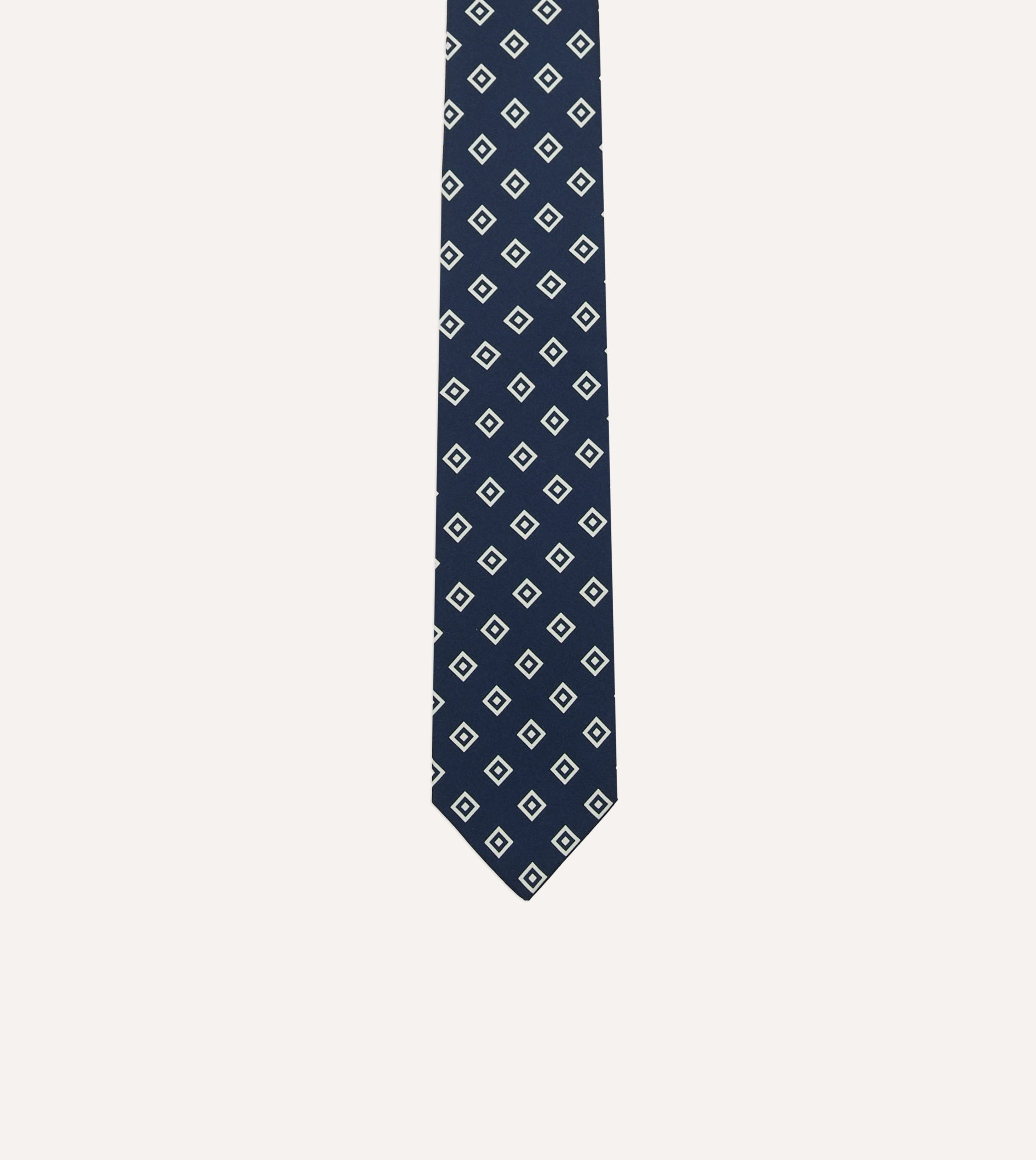 Navy Medallion Crepe de Chine Silk Self-Tipped Tie - Image 3