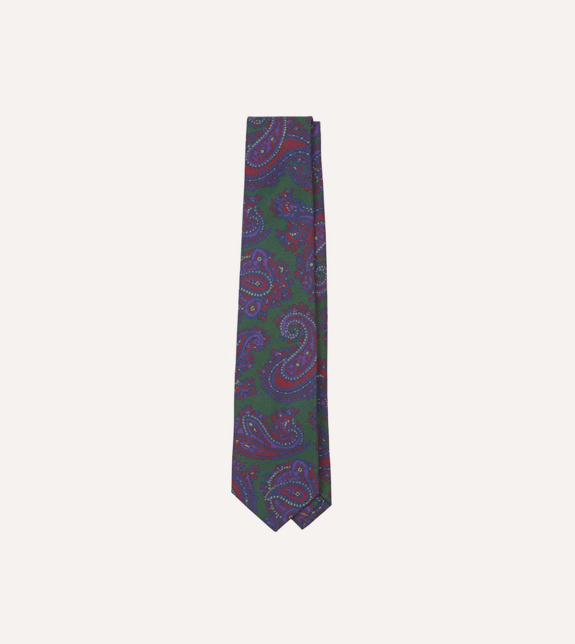 Green Large Paisley Print Madder Silk Self-Tipped Tie