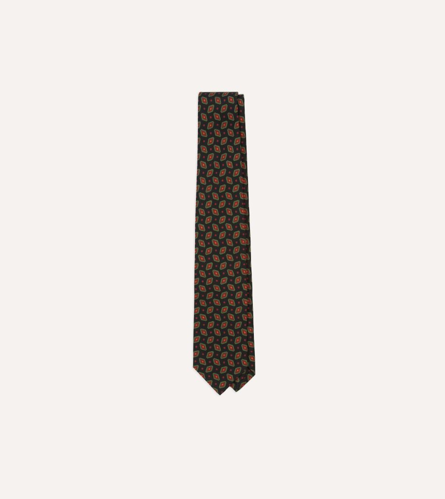 Navy Medallion Print Madder Silk Self-Tipped Tie