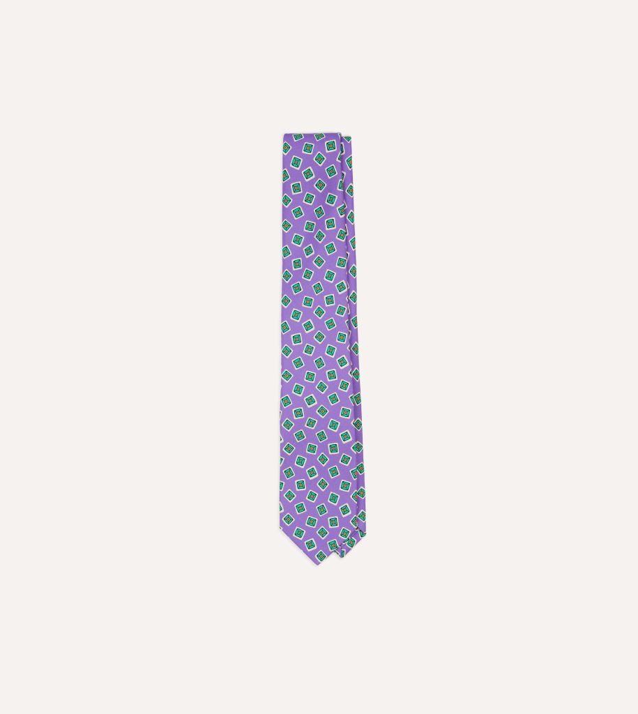 Purple Jumbled Tile Print Silk Self Tipped Tie