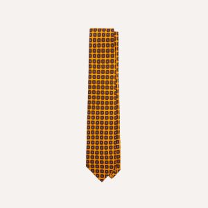 Yellow Geometric Flower Print Silk Self-Tipped Tie
