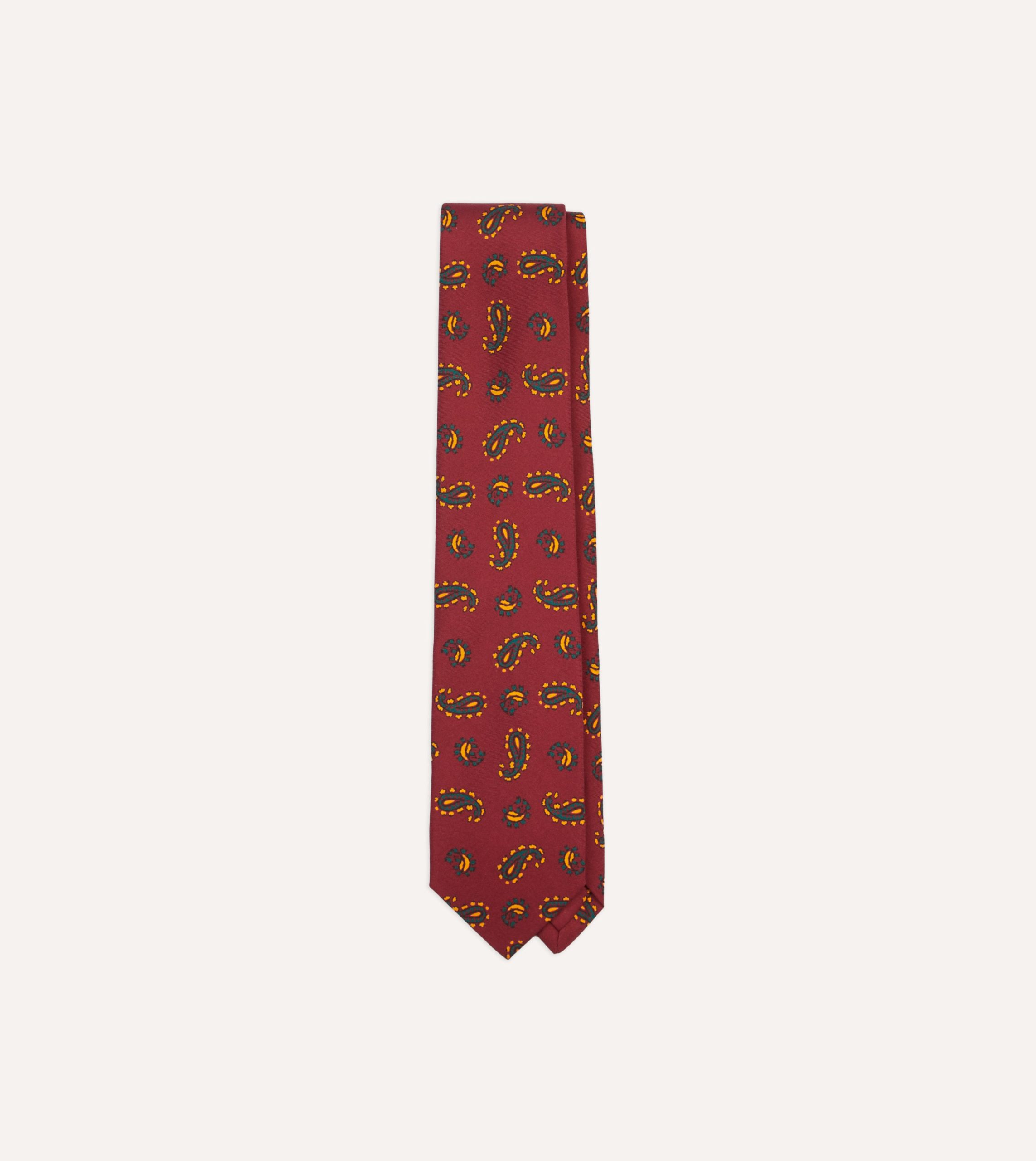 Red Paisley Print Silk Self Tipped Tie