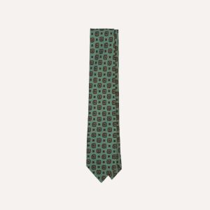 Green Flower Medallion Print Silk Self Tipped Tie