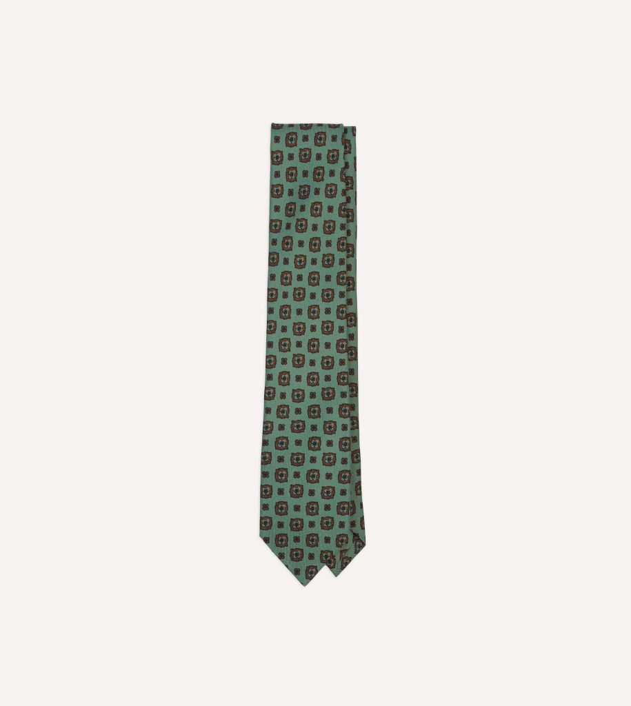 Green Flower Medallion Print Silk Self Tipped Tie
