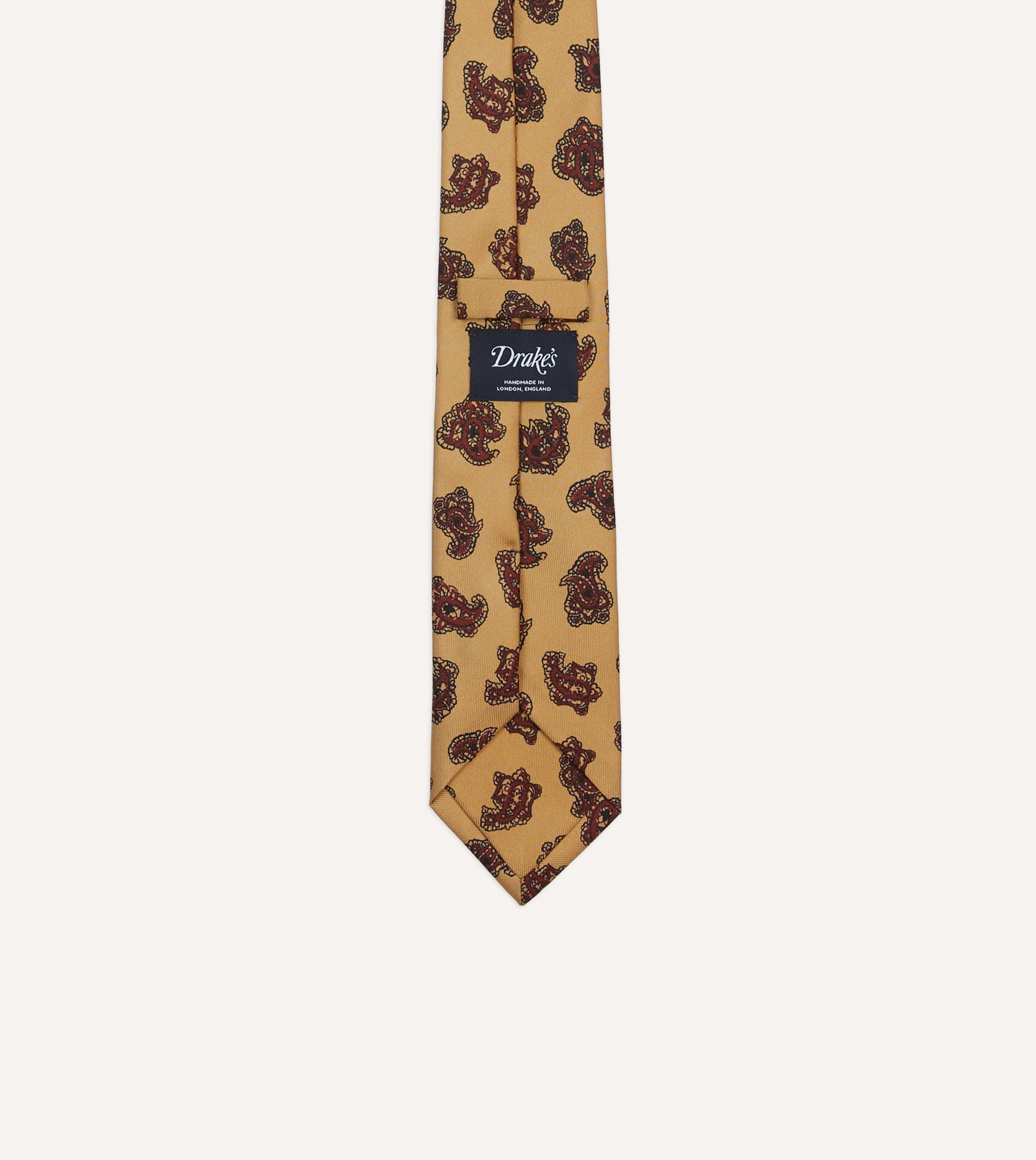 Gold and Red Paisley Motif Print Silk Self Tipped Tie - Image 4