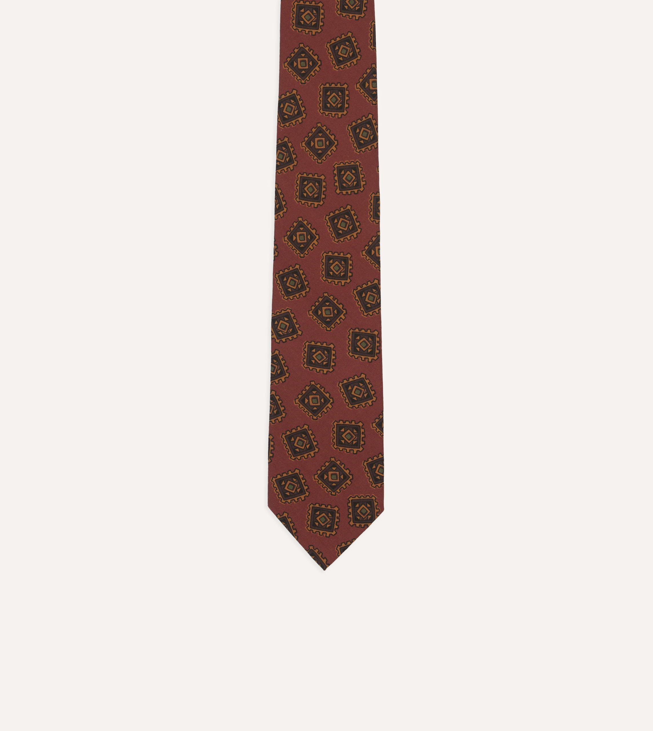 Brown Jumbled Tile Print Wool-Silk Self Tipped Tie - Image 3