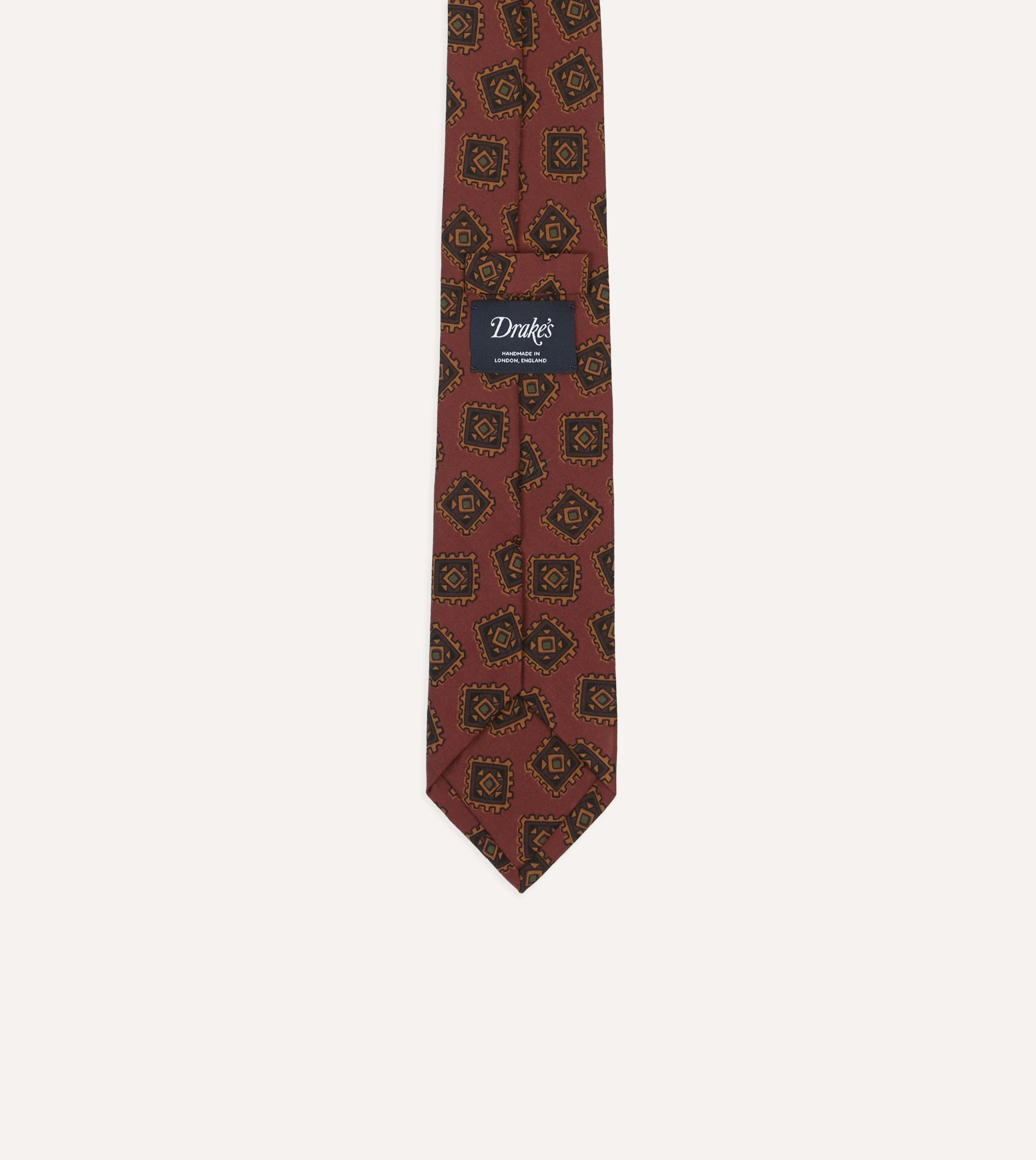Brown Jumbled Tile Print Wool-Silk Self Tipped Tie - Image 4