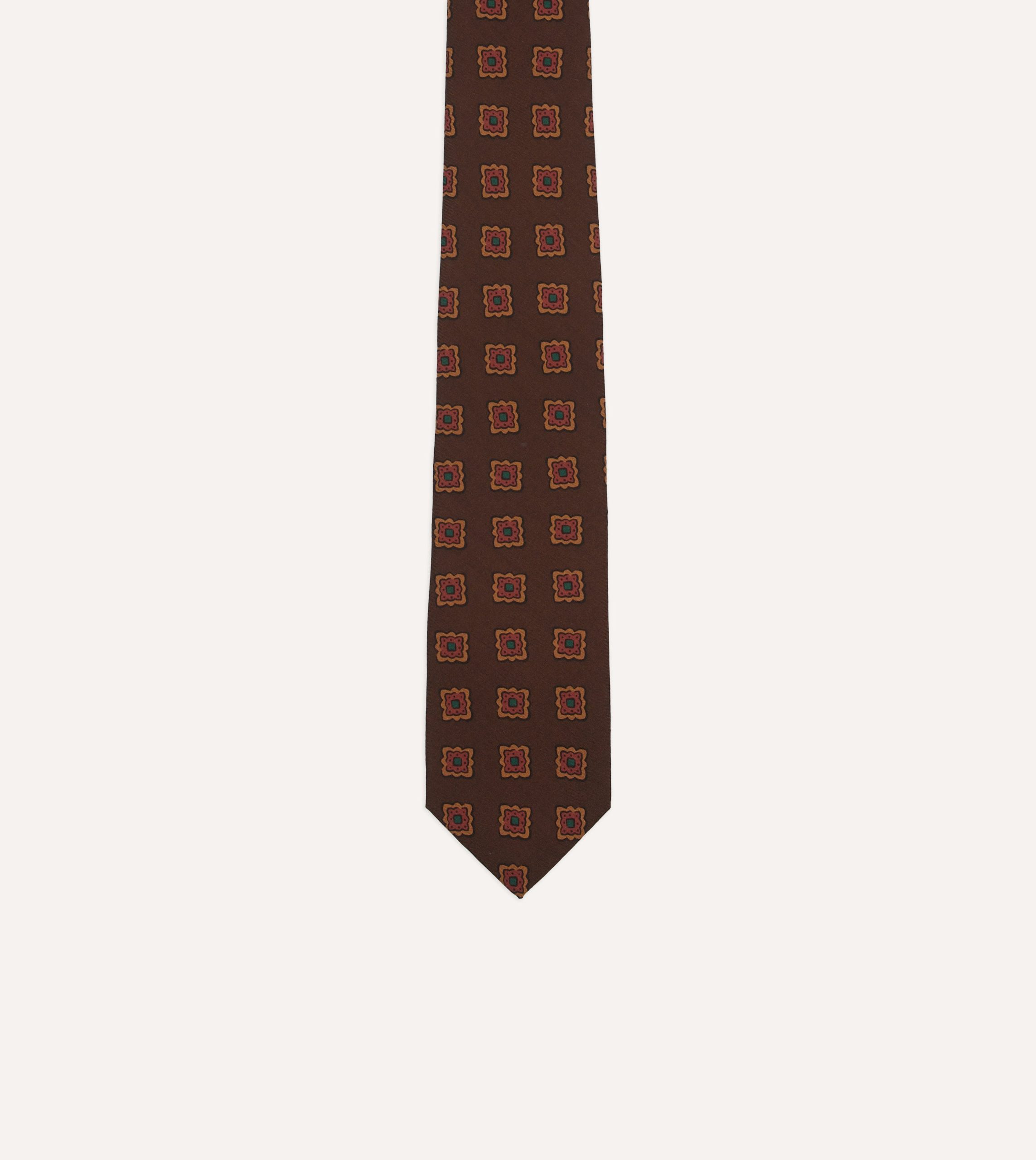 Brown Square Flower Medallion Print Wool-Silk Self Tipped Tie - Image 3