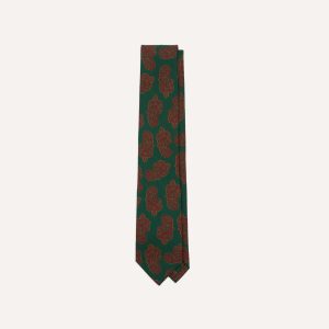 Green Paisley Motif Print Wool-Silk Self Tipped Tie