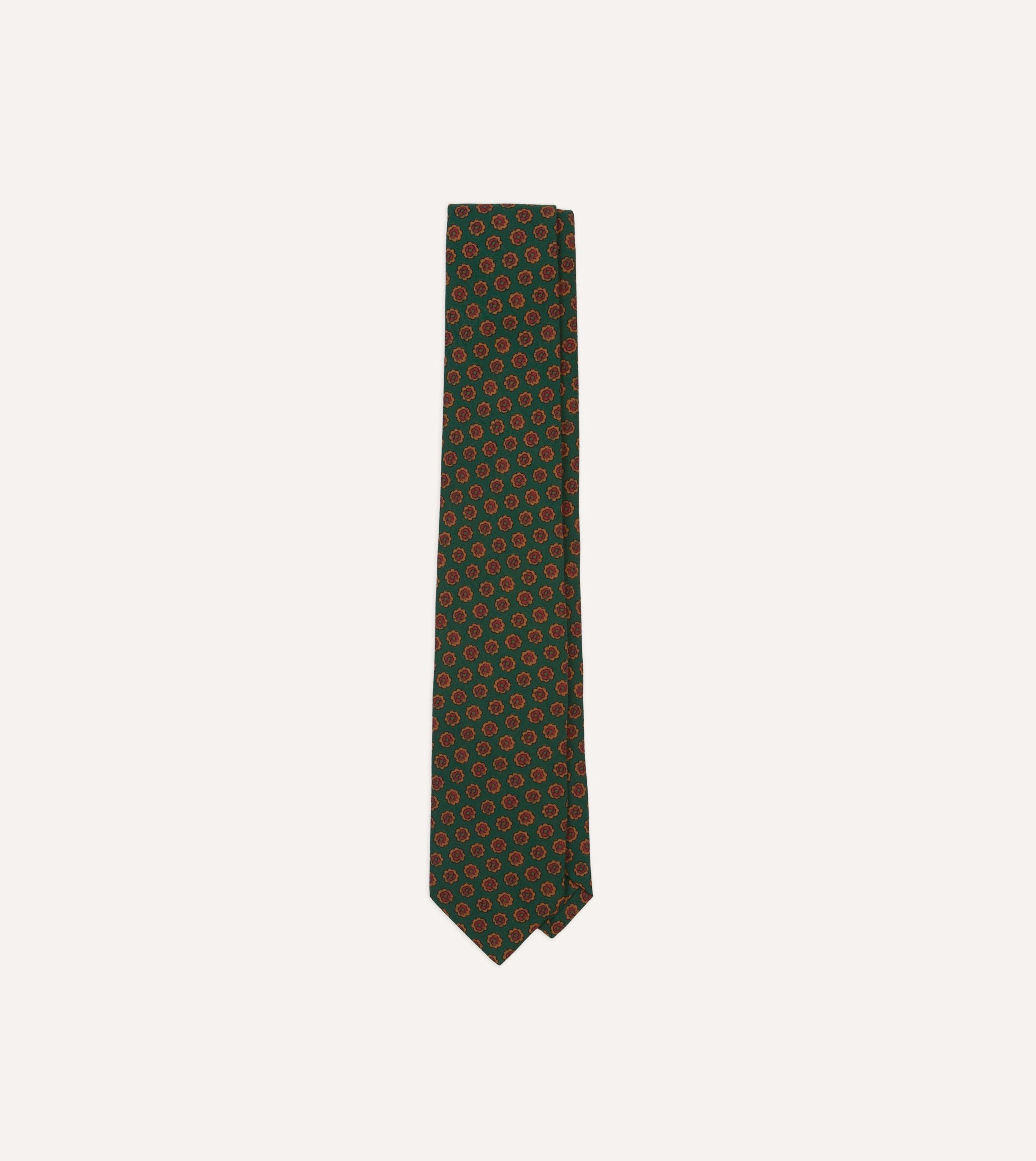 Green Floral Medallion Print Wool-Silk Self Tipped Tie