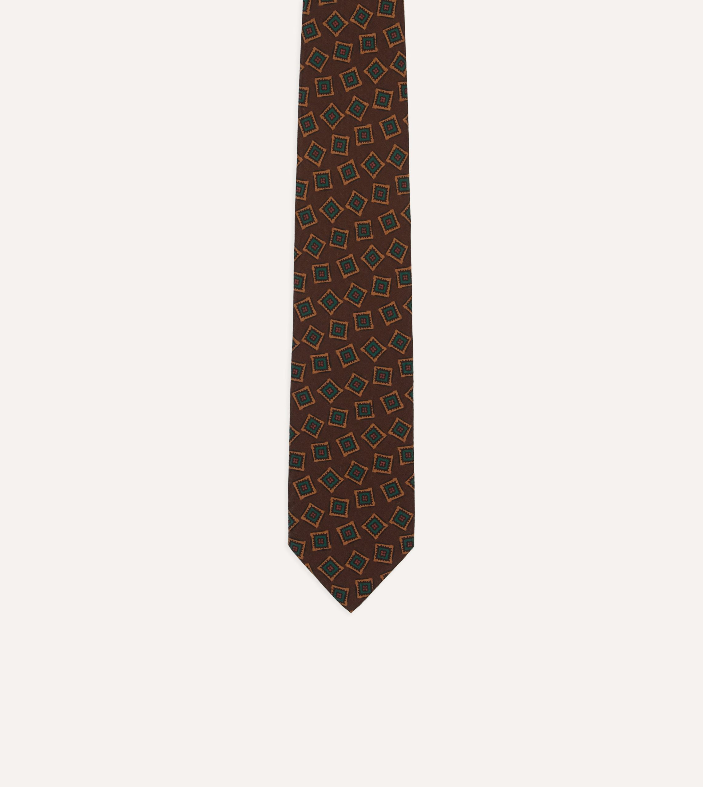 Brown and Green Jumbled Medallion Print Silk Self-Tipped Tie - Image 3