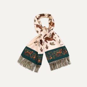Ecru Unicorn Print Tubular Silk Tasselled Scarf