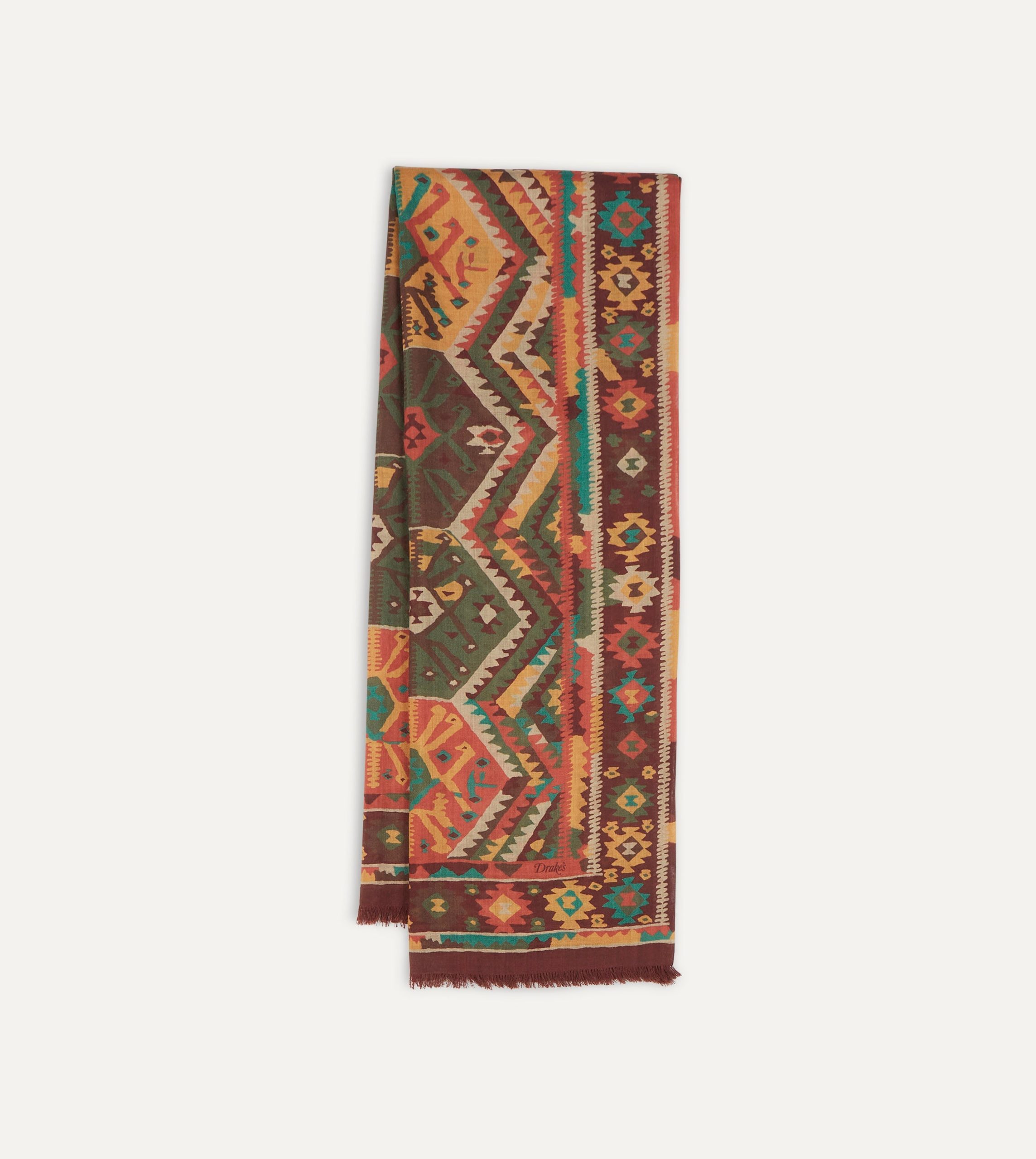 Brown Kilim Print Wool-Silk Scarf - Image 3
