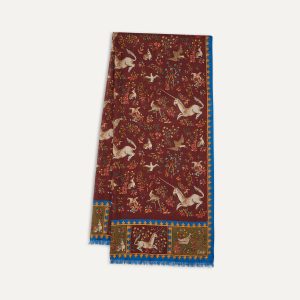 Burgundy Unicorn Print Wool-Silk Scarf
