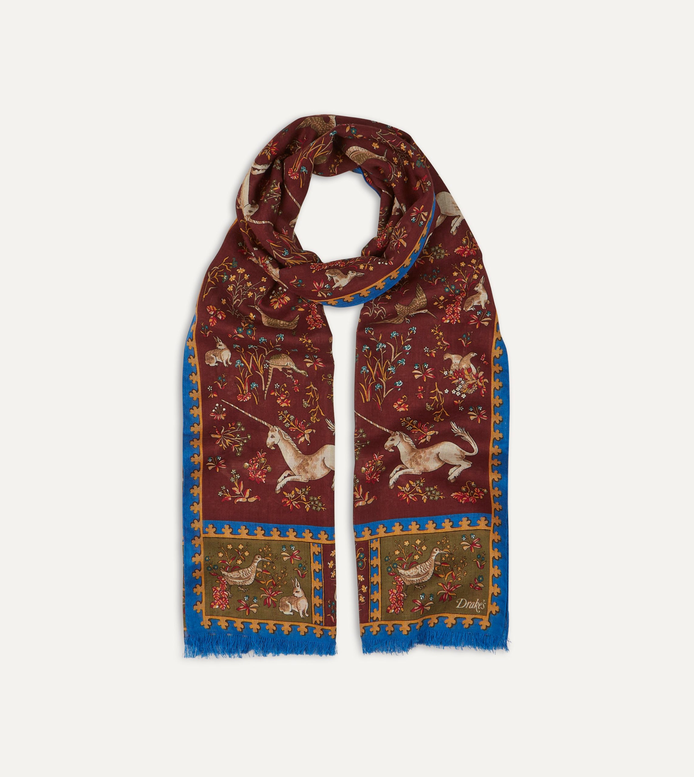 Burgundy Unicorn Print Wool-Silk Scarf - Image 4