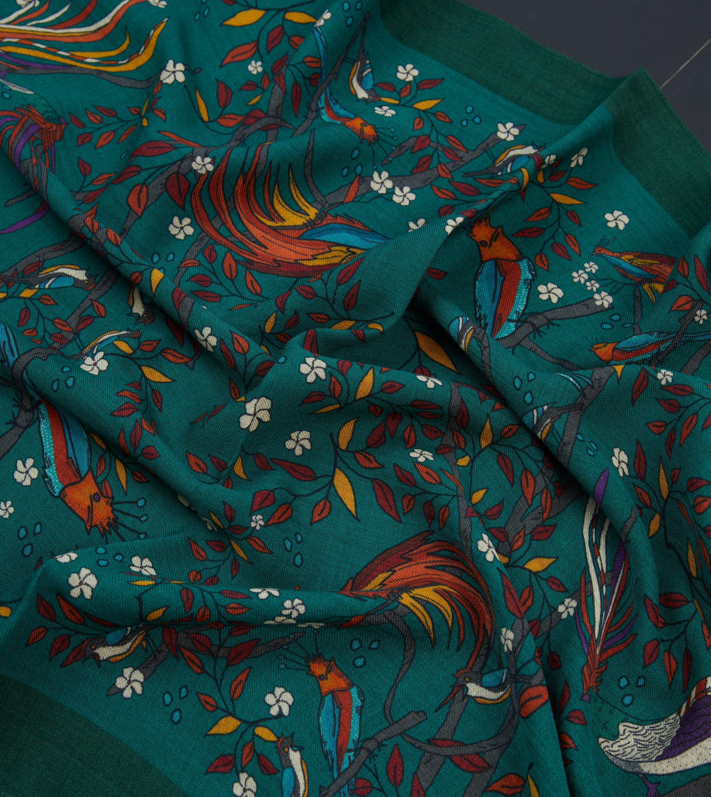 Green Birds of Paradise Print Wool Scarf - Image 2