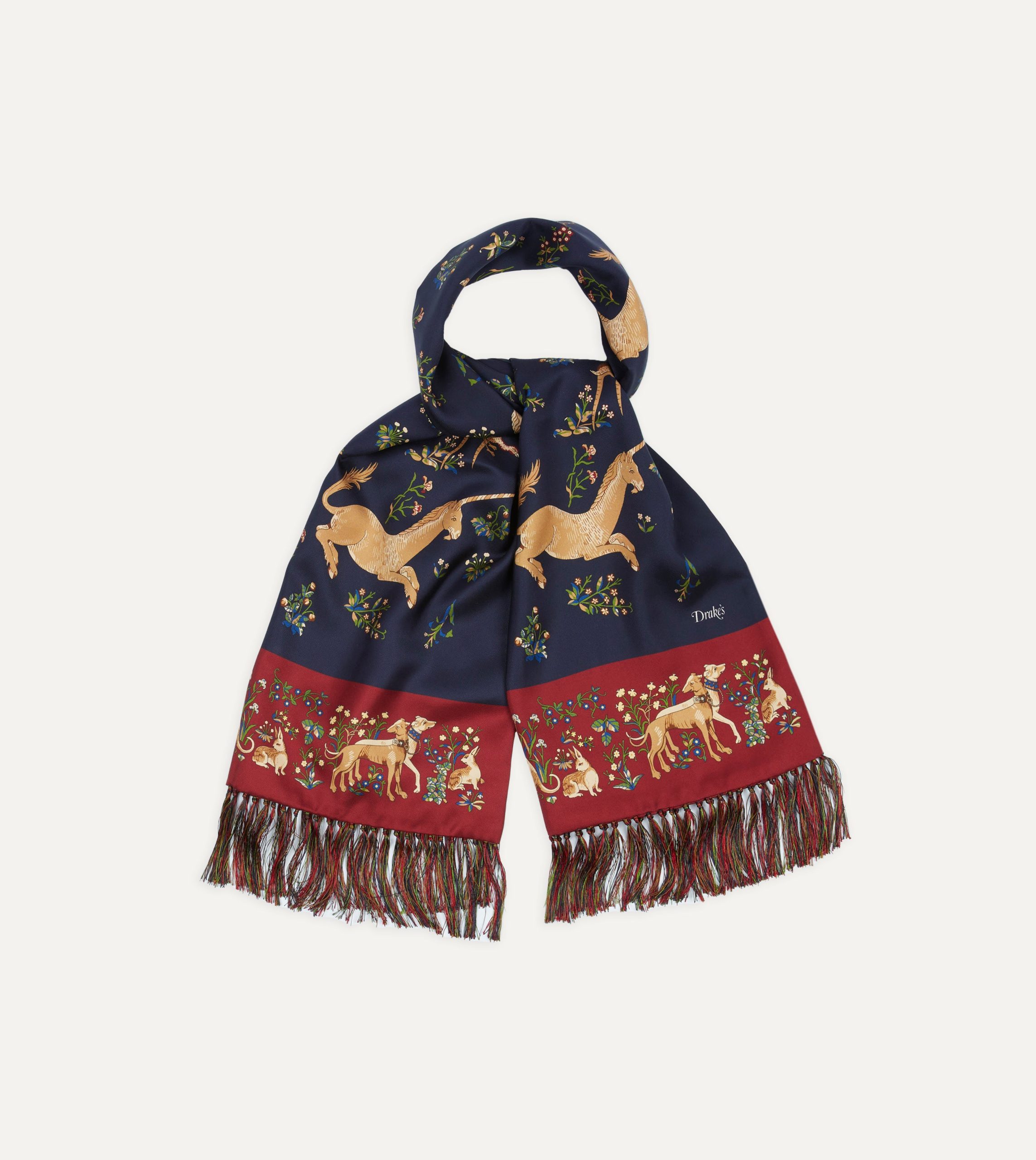 Navy Unicorn Print Tubular Silk Tasselled Scarf - Image 4