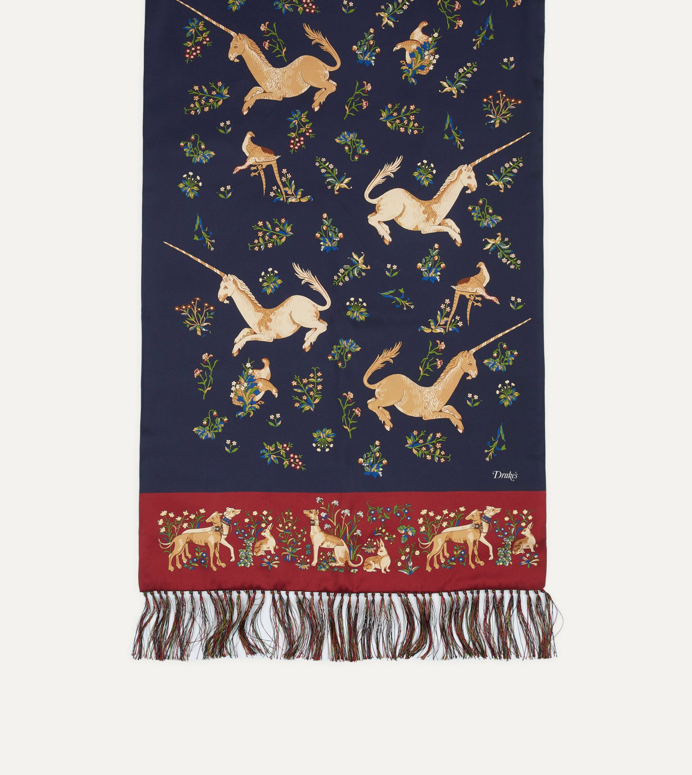 Navy Unicorn Print Tubular Silk Tasselled Scarf - Image 3