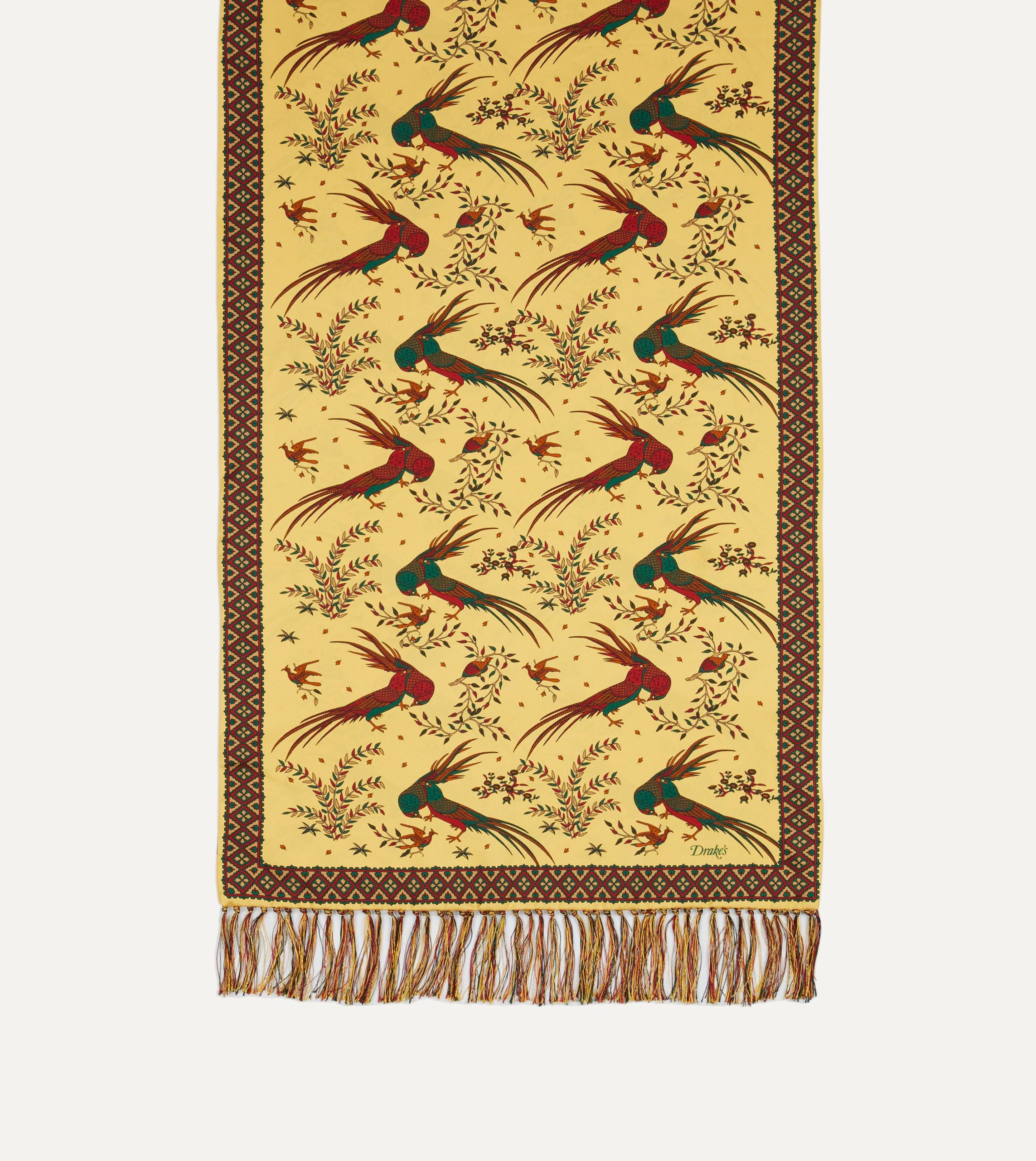 Gold Birds of Paradise Print Tubular Silk Tasselled Scarf - Image 4