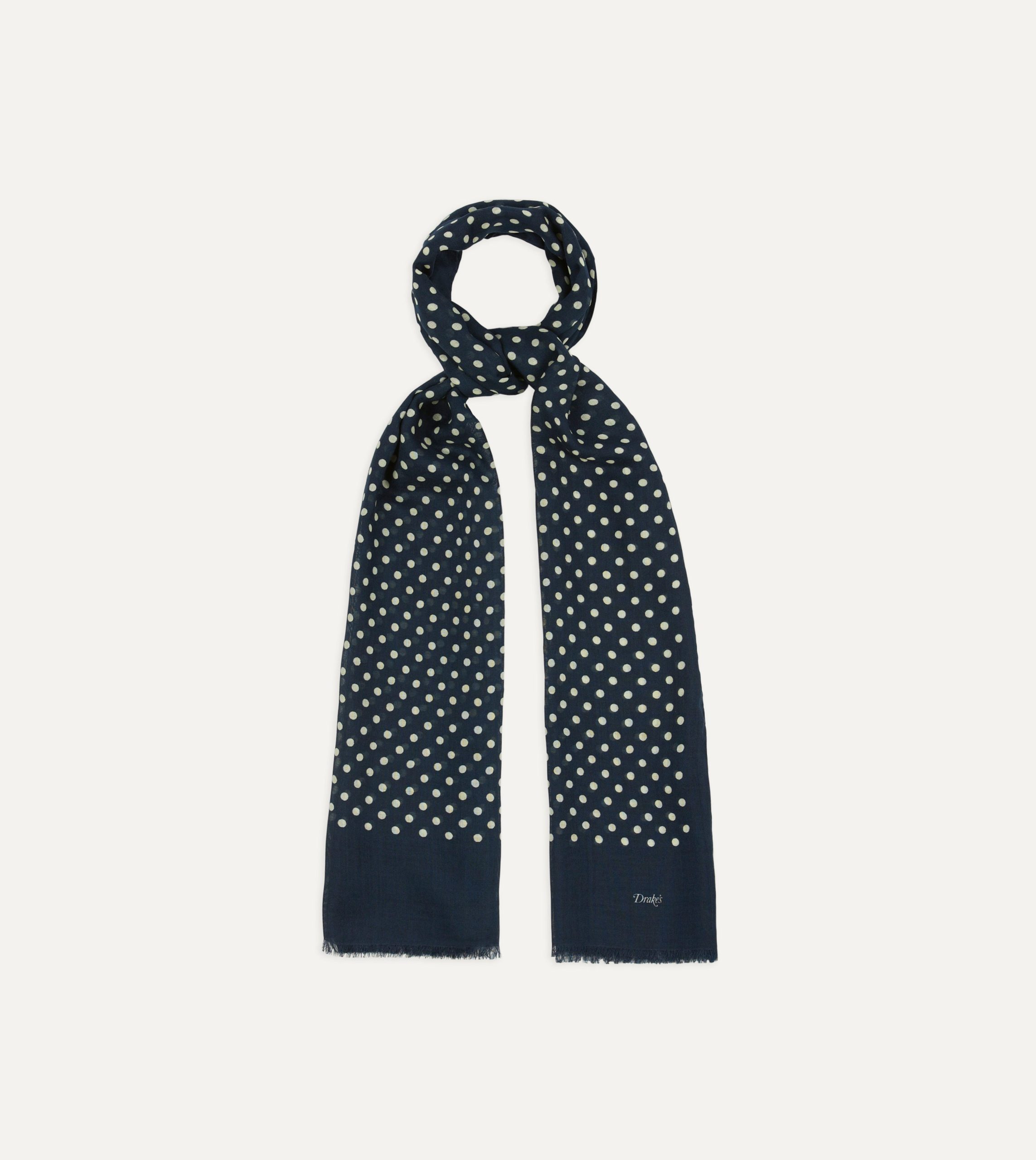 Navy Hand-Drawn Polka Dot Wool-Silk Scarf - Image 3