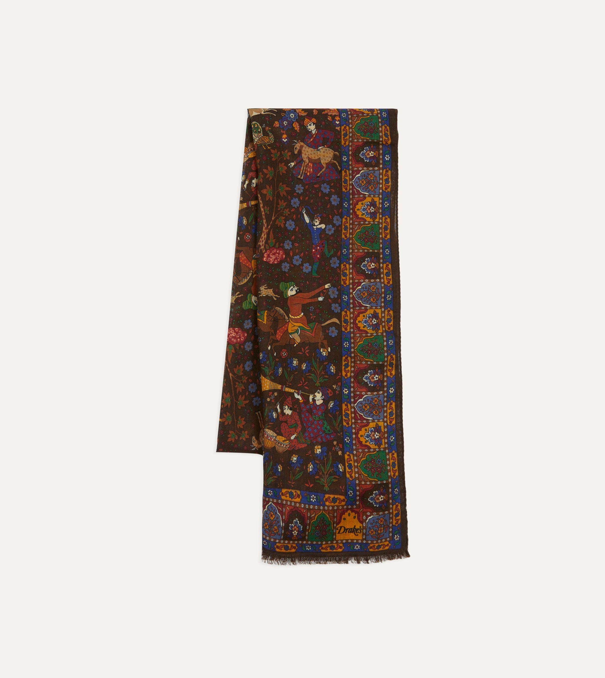Brown Mughal Hunter Print Wool-Silk Scarf - Image 3