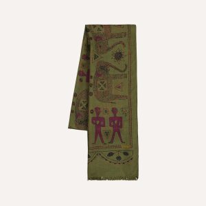 Olive Elephant Print Wool-Silk Scarf