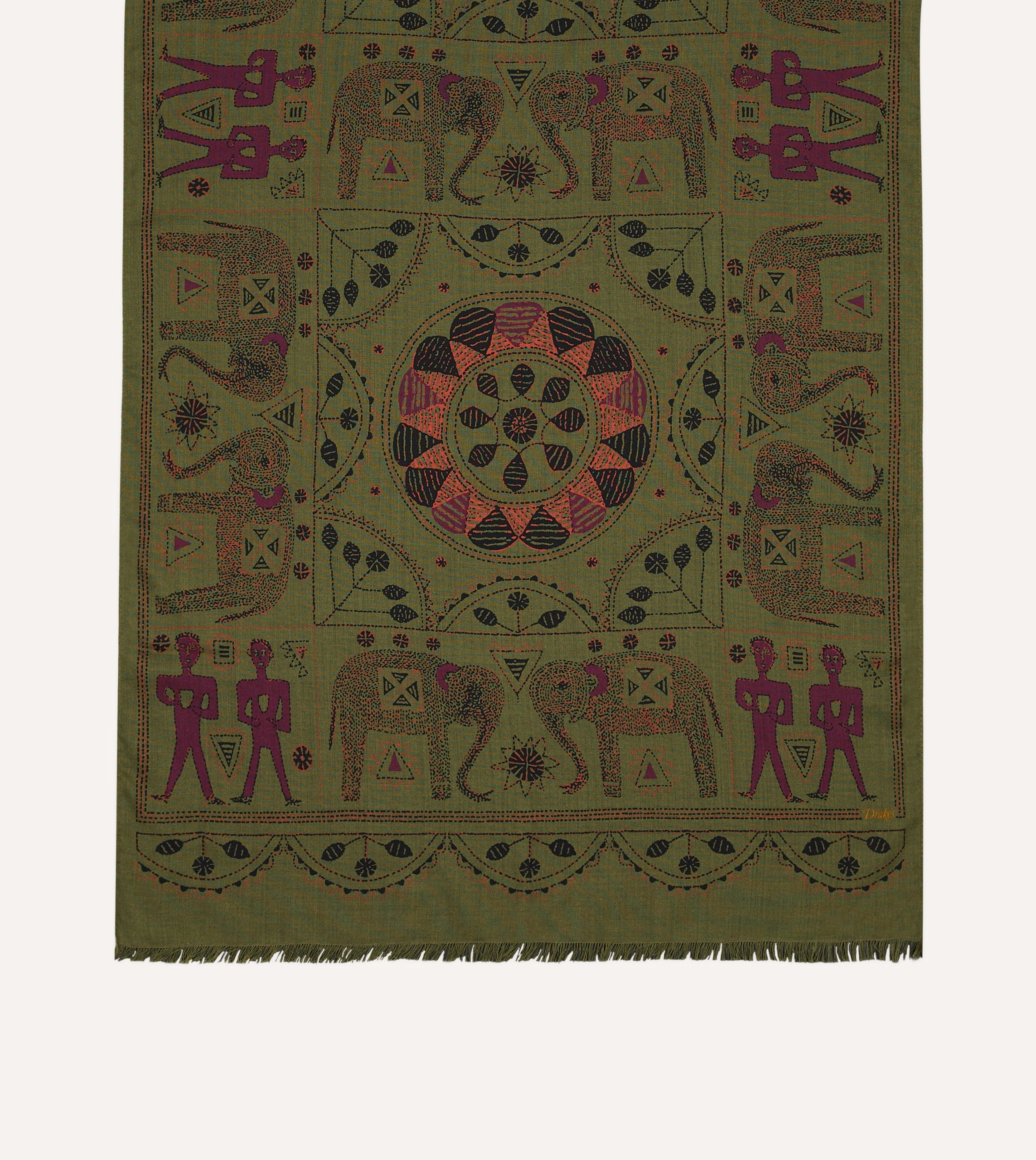Olive Elephant Print Wool-Silk Scarf - Image 4