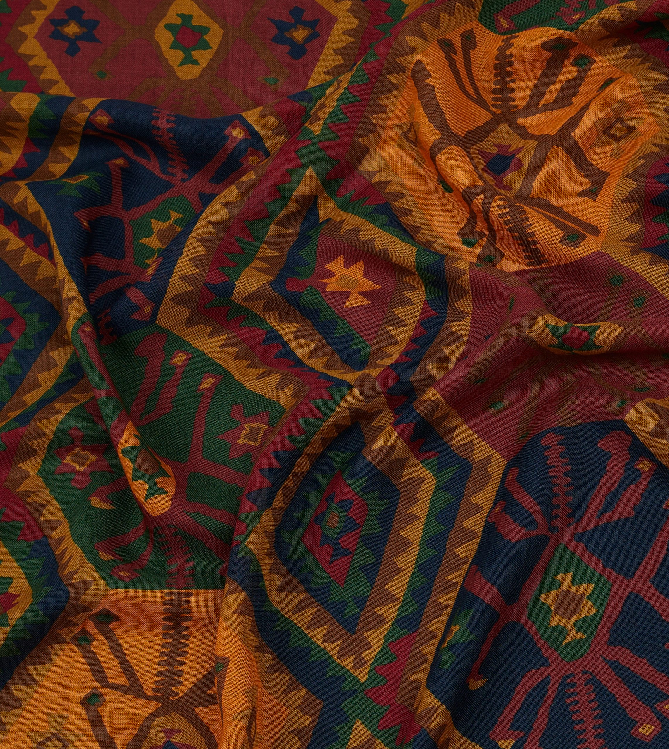 Green Kilim Print Wool-Silk Scarf - Image 2