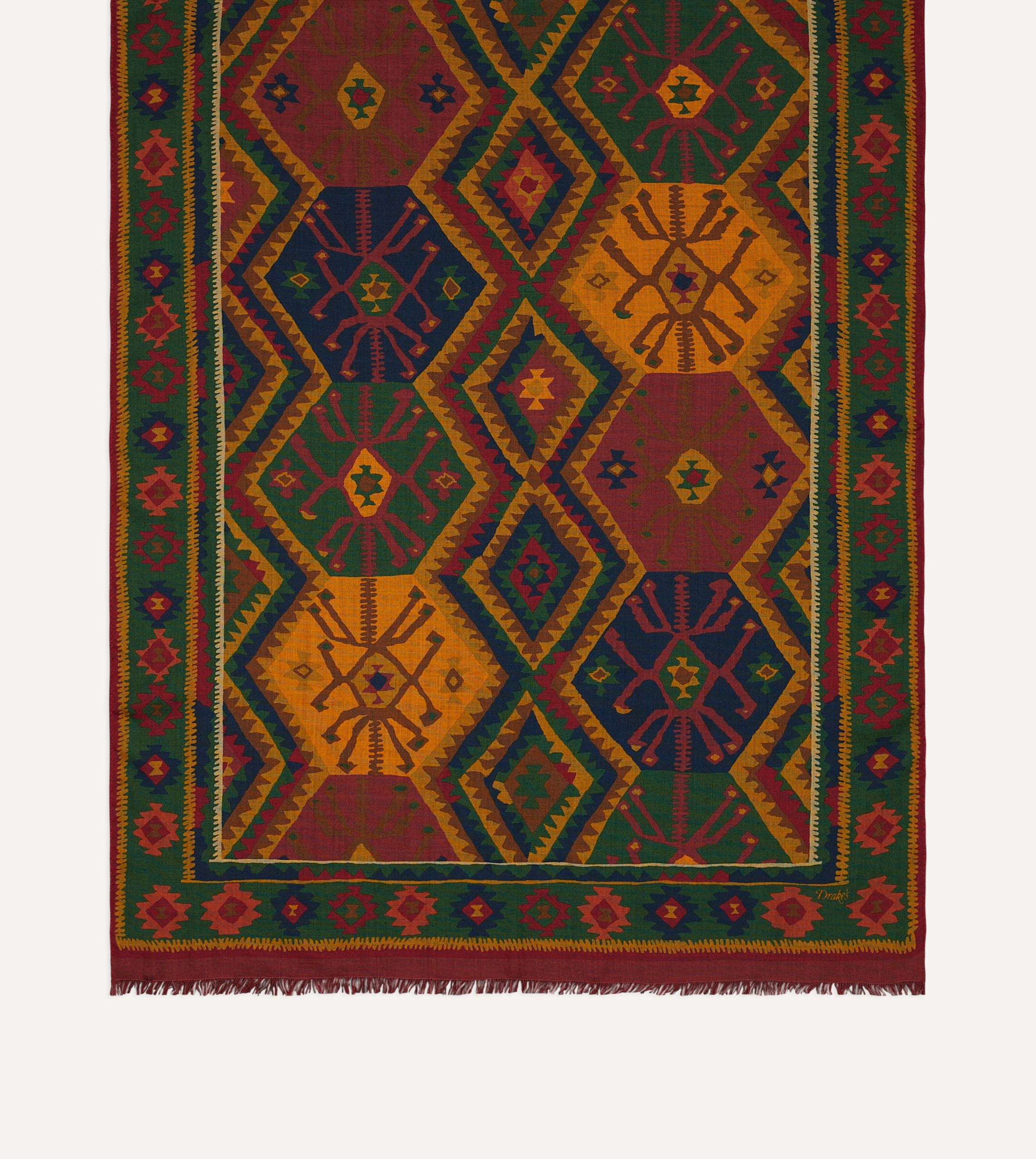 Green Kilim Print Wool-Silk Scarf - Image 3