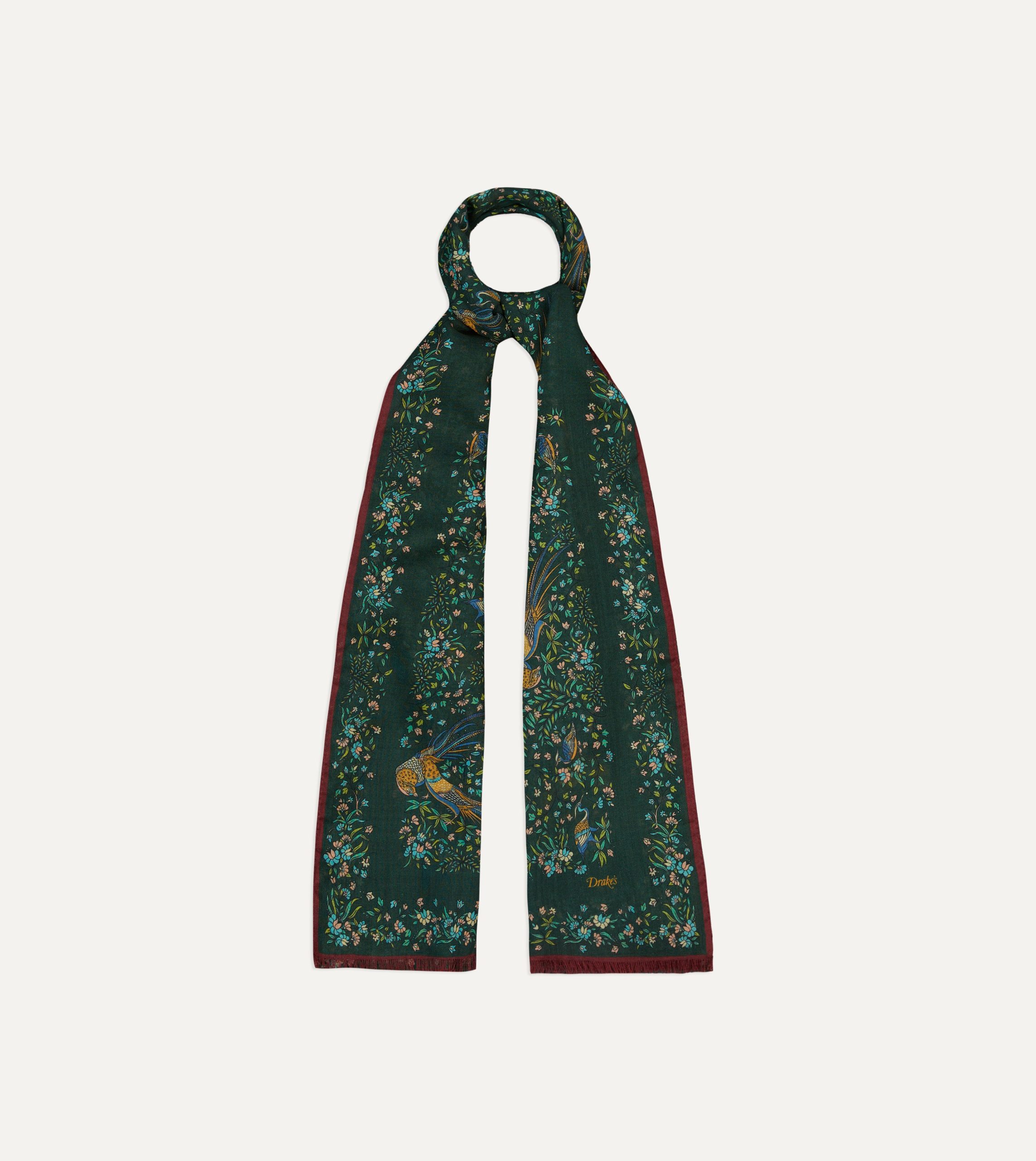 Green Floral Birds of Paradise Print Wool-Silk Scarf - Image 4