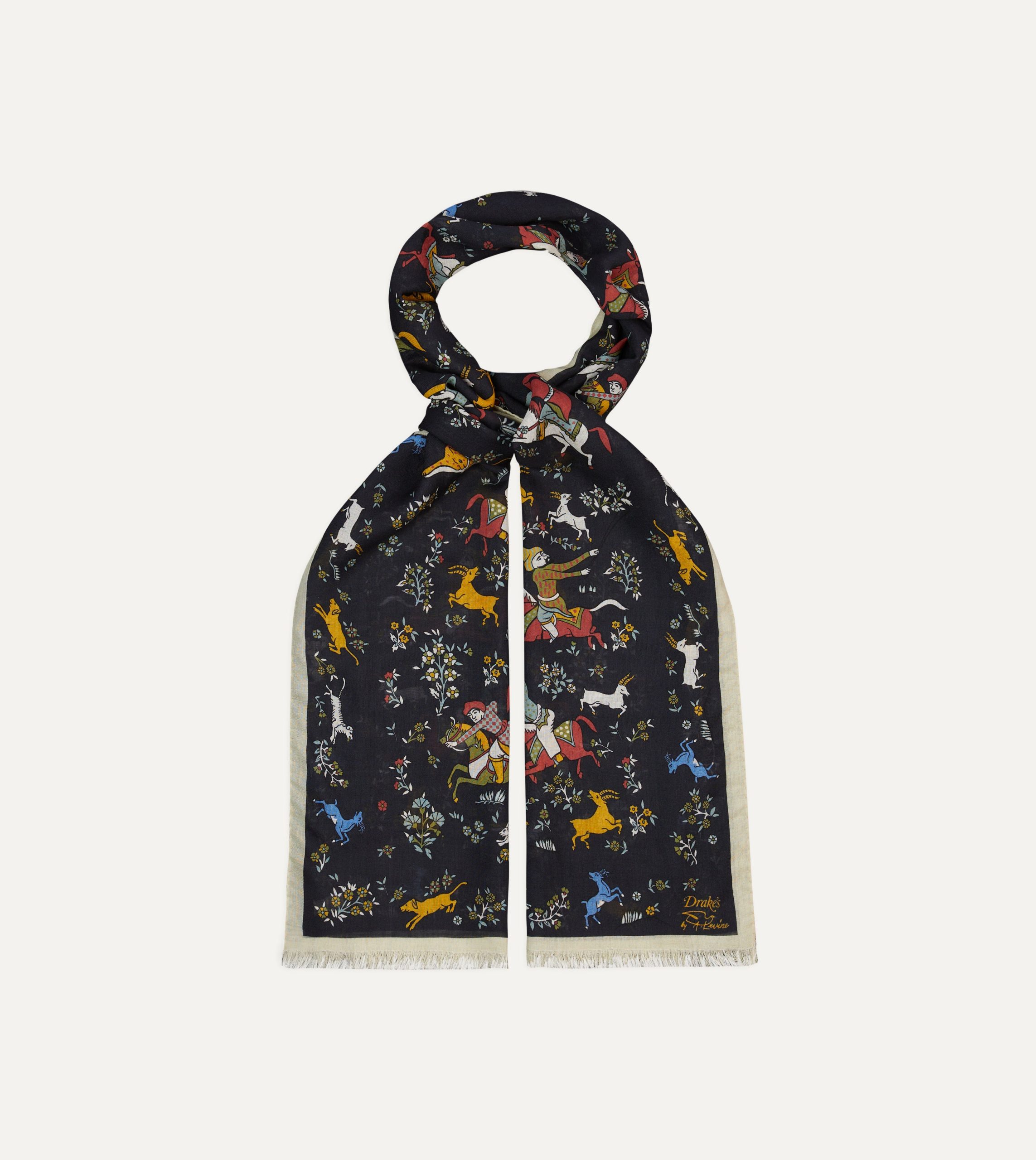 Drake's by A. Levine Black Mughal Print Wool-Silk Scarf - Image 4
