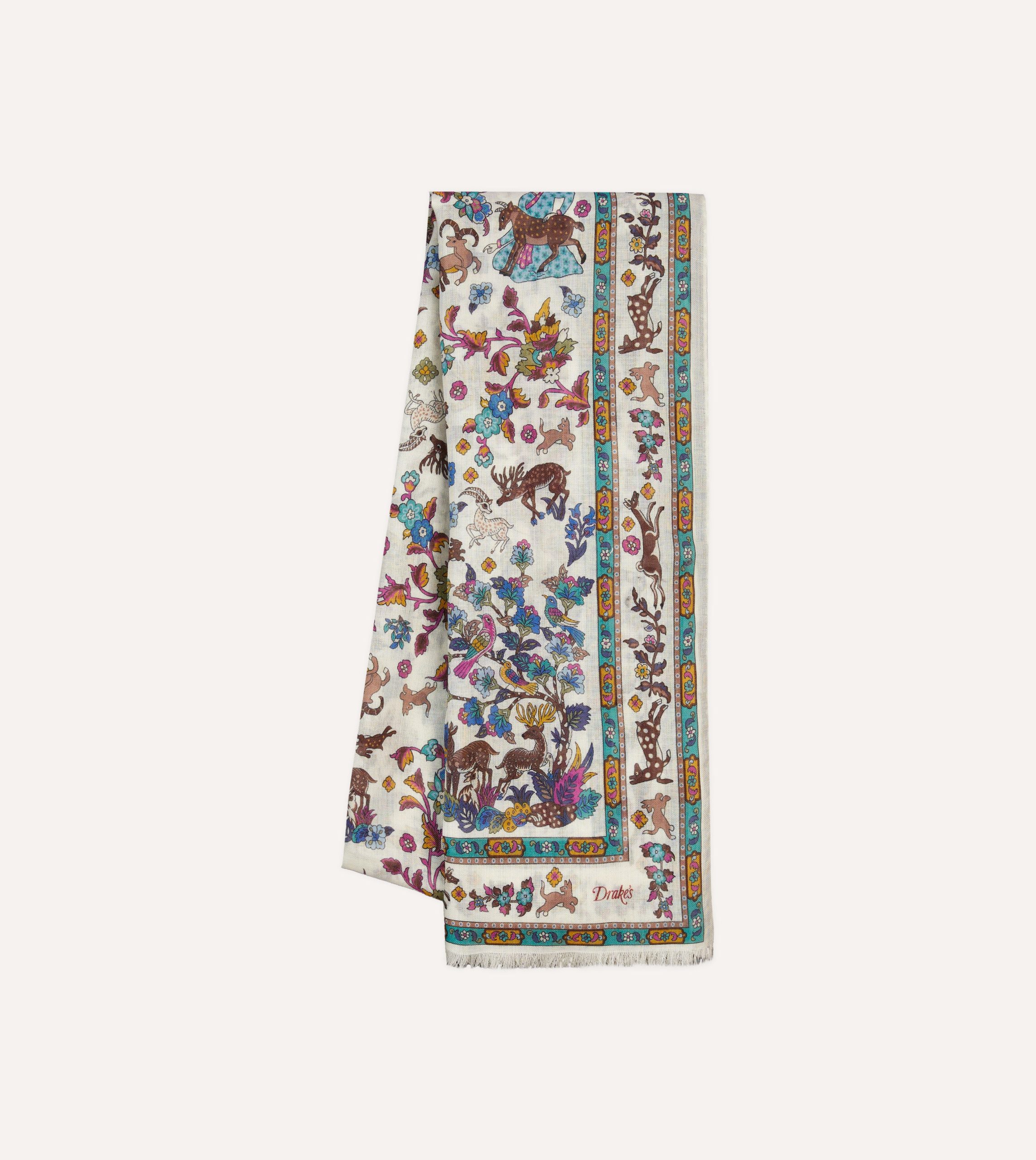 Ecru Summer Mughal Print Wool Silk Scarf