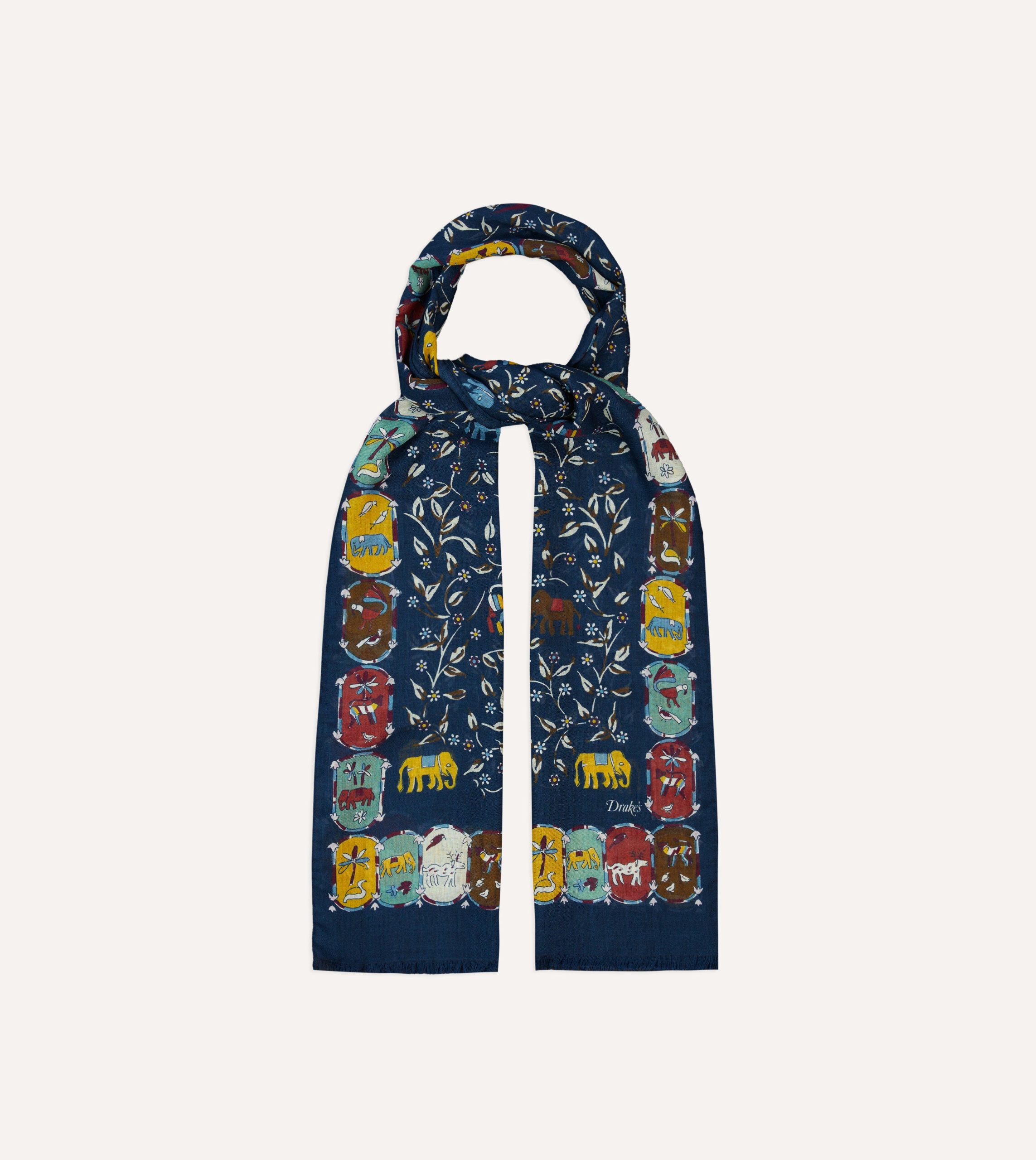 Navy Elephants and Flowers Print Wool-Silk Scarf - Image 4