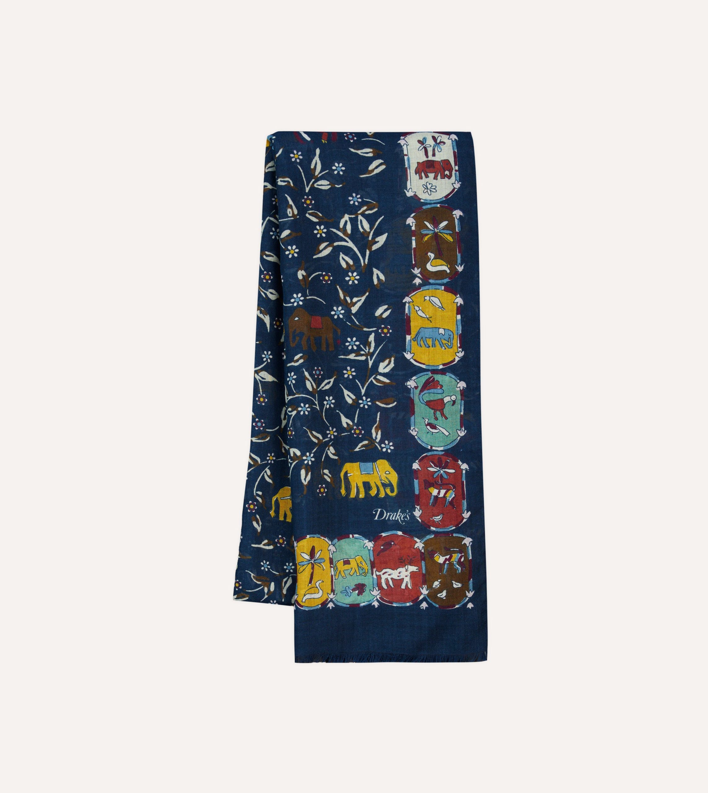Navy Elephants and Flowers Print Wool-Silk Scarf