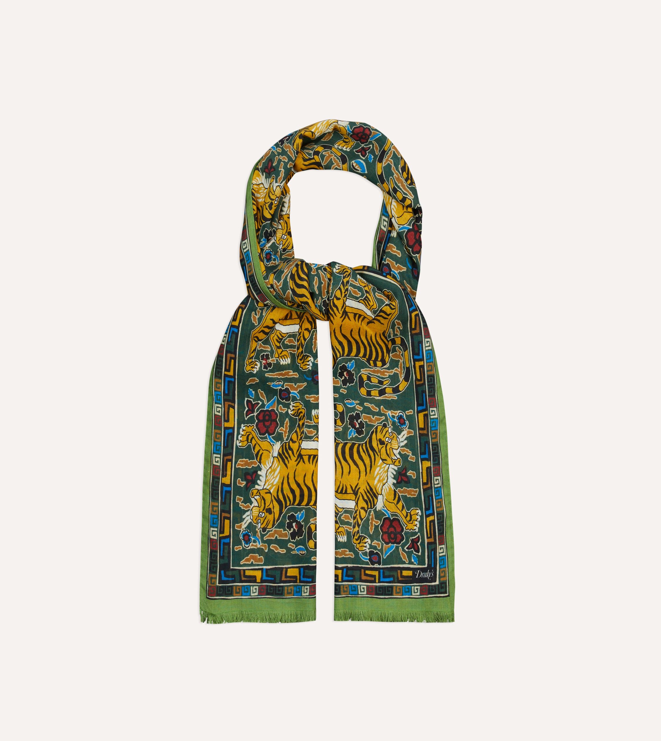 Green Tiger Print Wool-Silk Scarf - Image 4