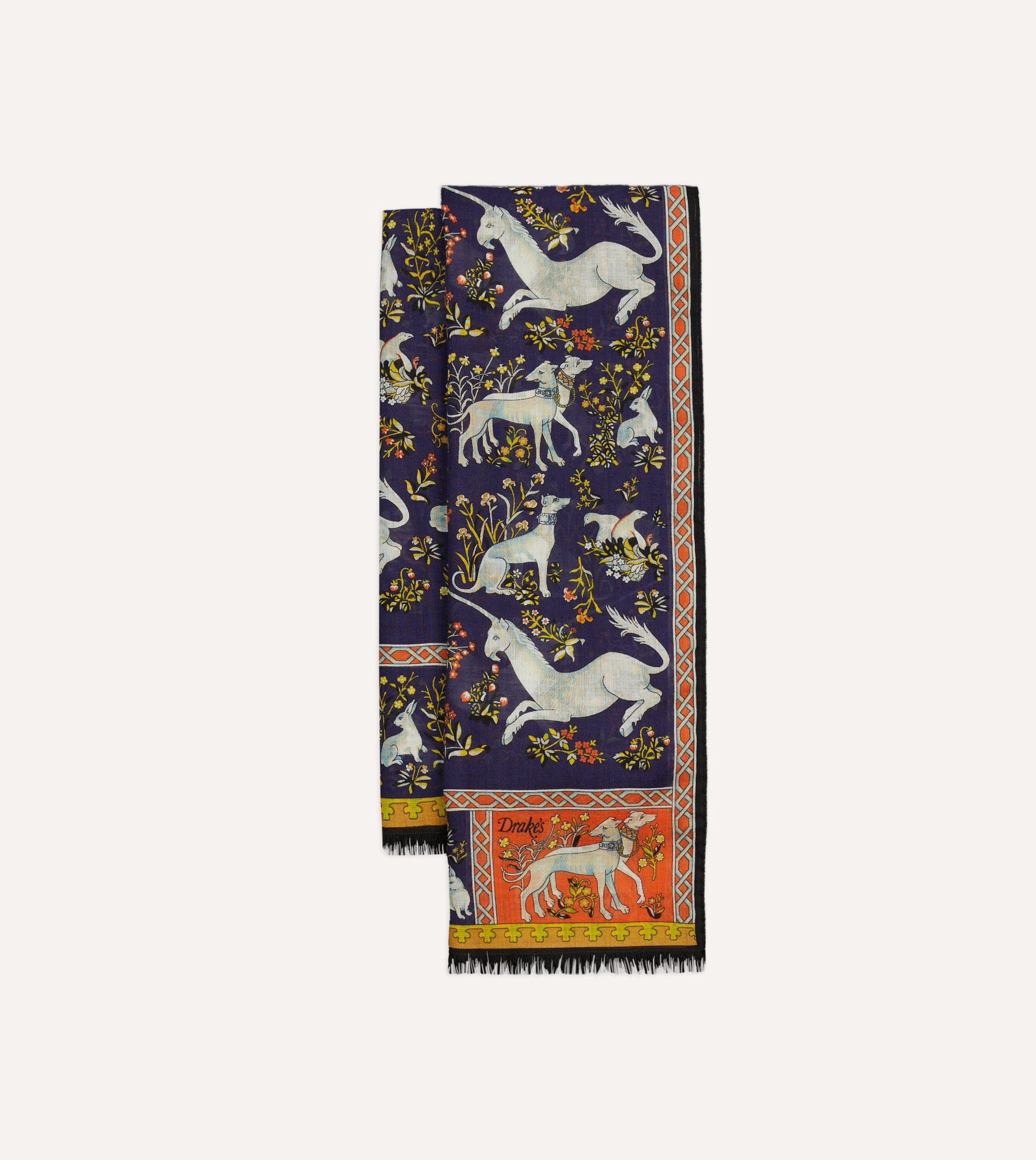 Navy Unicorn Tile Print Wool-Silk Scarf